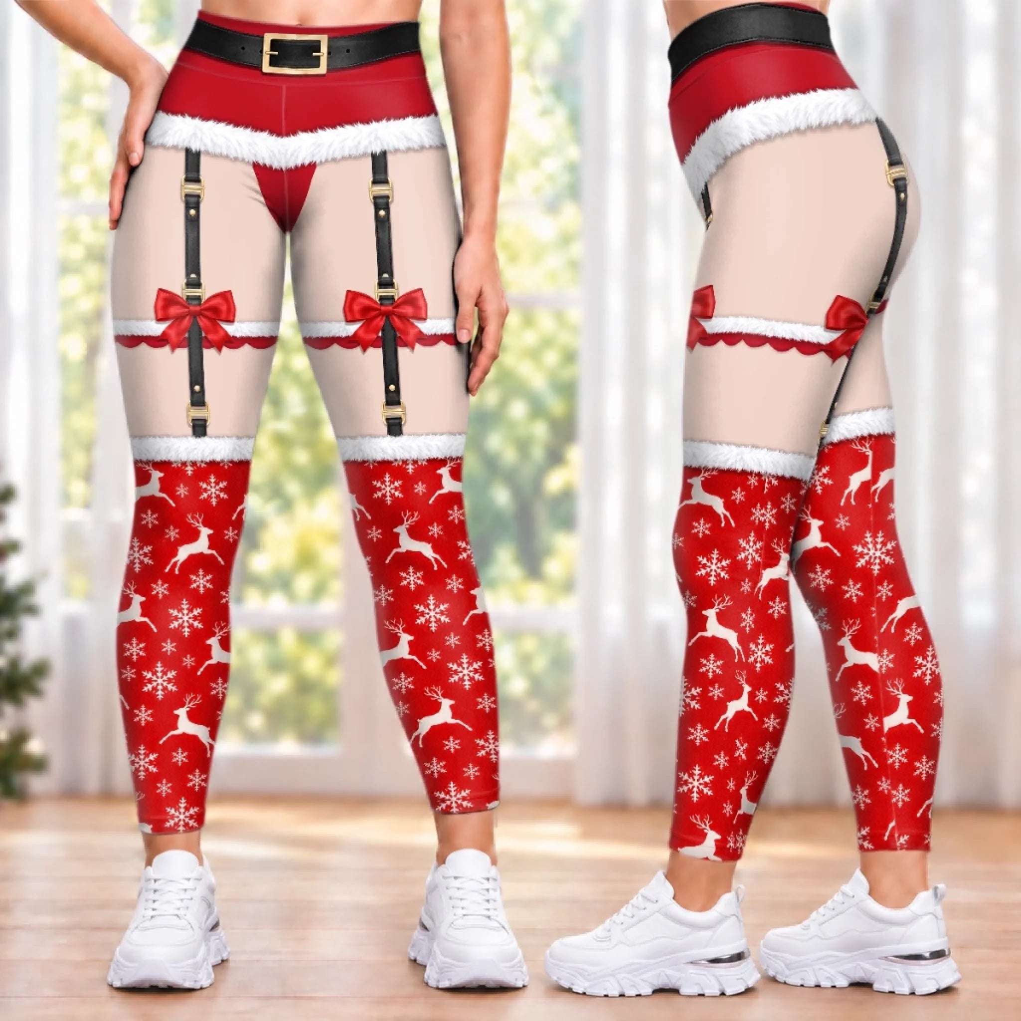 Personalized Naughty Christmas Garter Leggings for Women, Custom Holiday Gift