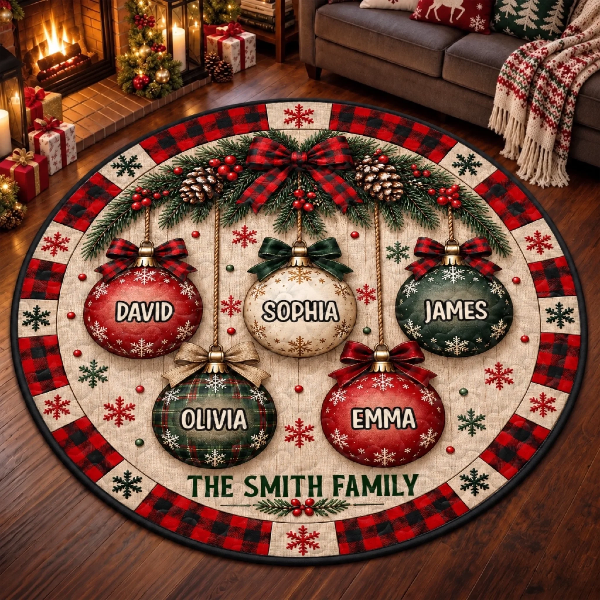 Personalized Christmas Bauble Family Decor Quilted Round Mat with Custom Names
