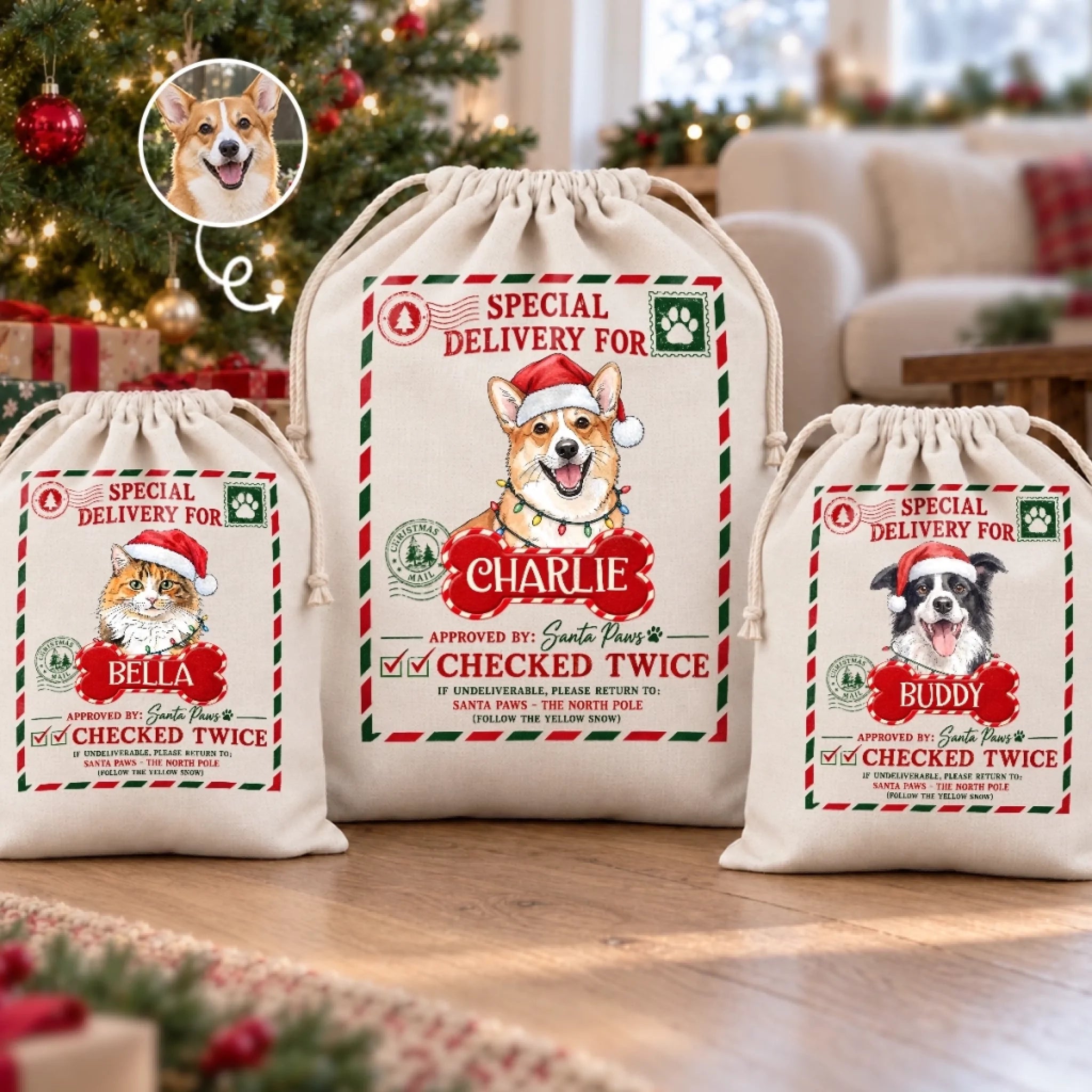 Custom Pet Photo Christmas Drawstring Gift Bag Personalized Holiday Gift for Pet Lovers