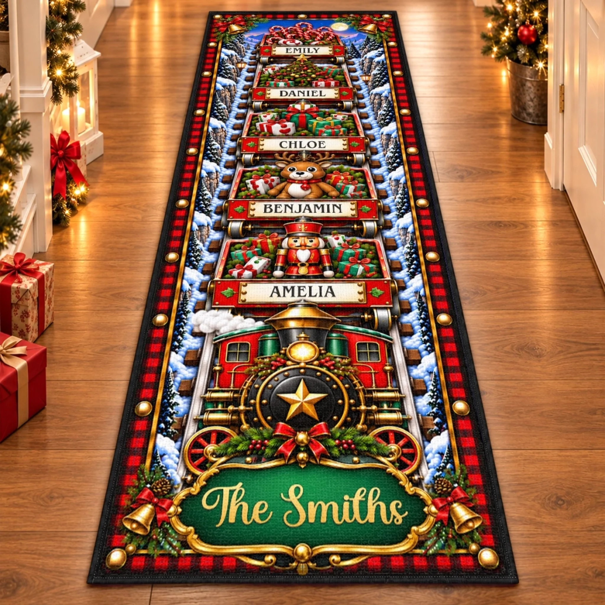 Personalized Christmas Train Family Runner Rug, Custom Holiday Decor Gift for Home Entryway
