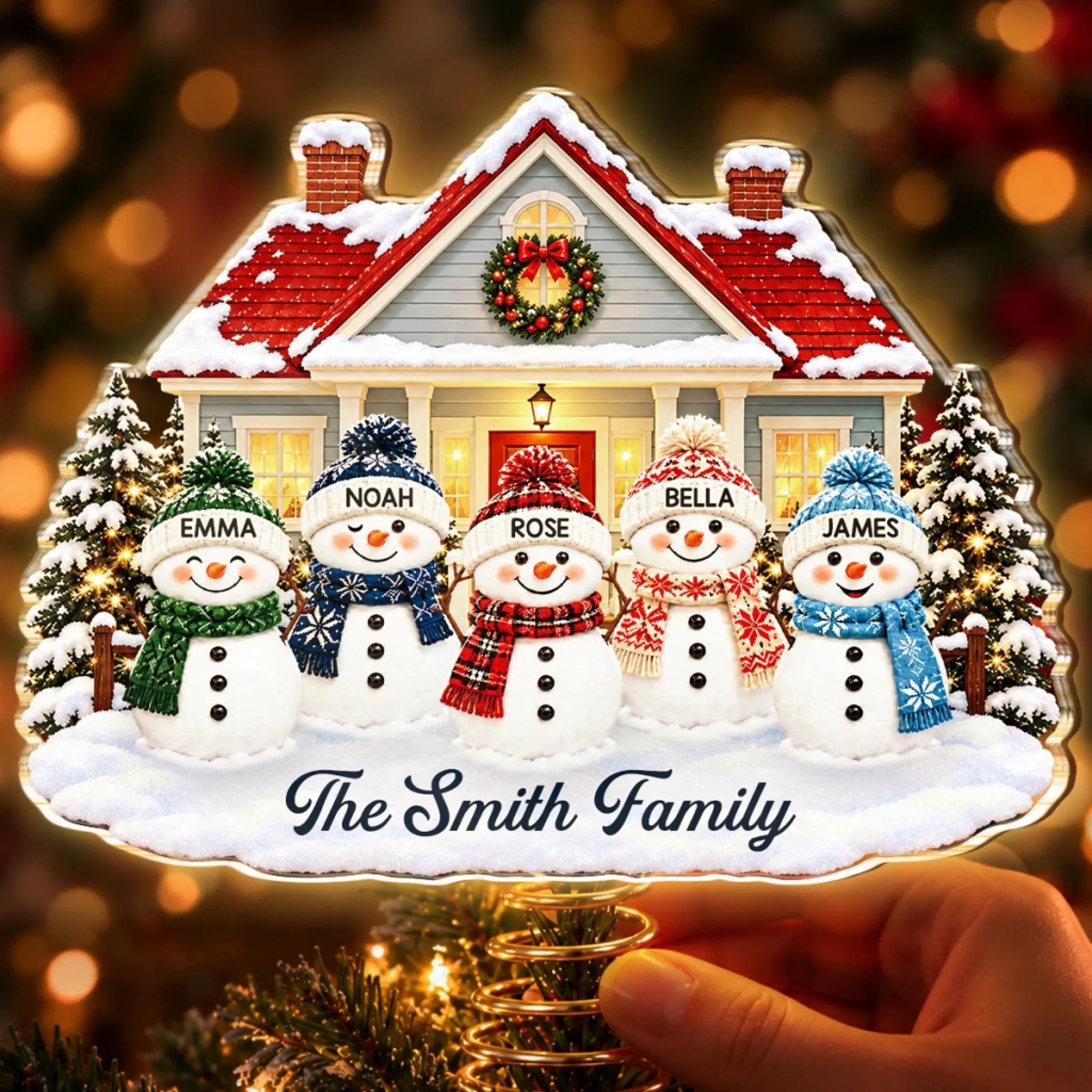 Personalized LED Snowman Christmas Tree Topper with Custom Family Names, Holiday Gift Decor