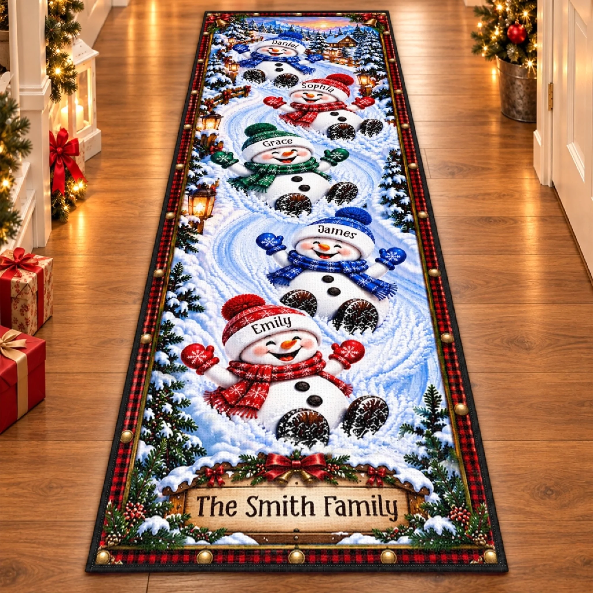 Personalized Christmas Snowman Family Runner Rug with Custom Names, Holiday Decor Gift