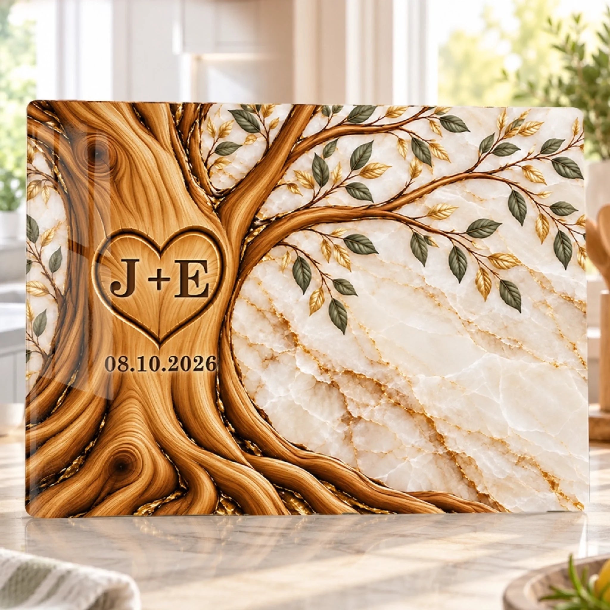 Personalized Glass Cutting Board with Custom Initials Heart Tree Anniversary Gift for Couples