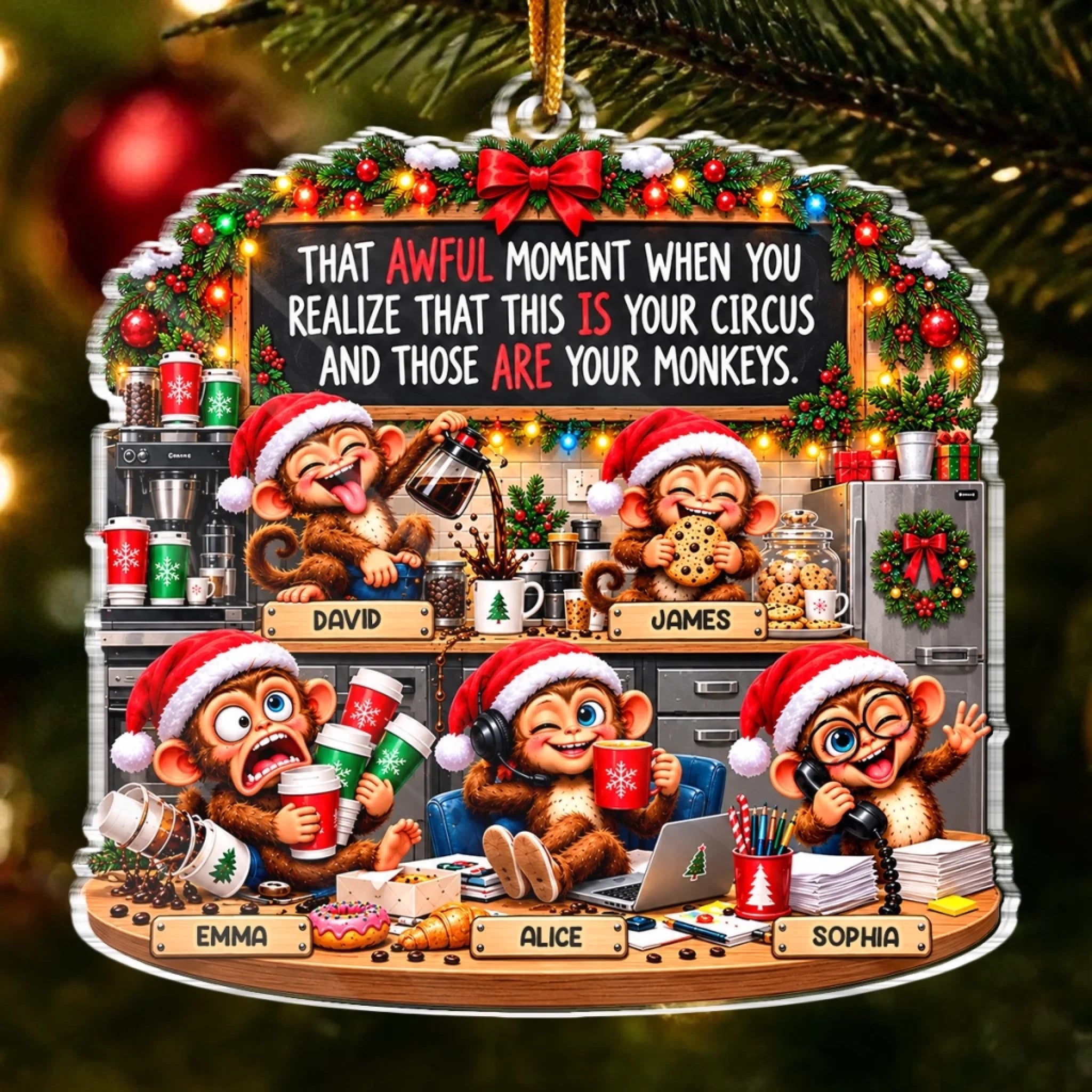 Custom Name Office Monkey Personalized Acrylic Ornament, Christmas Gift for Coworkers and Work Besties