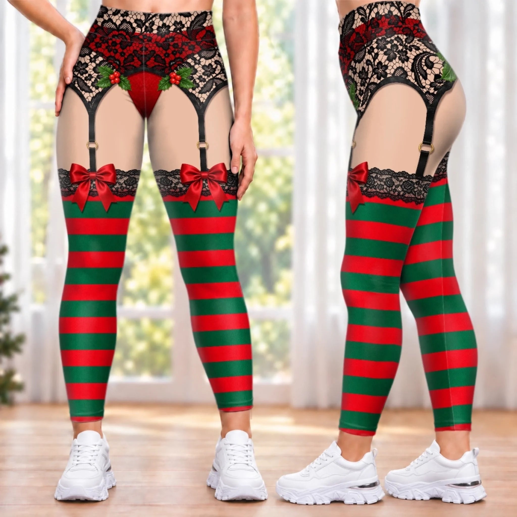 Custom Funny Naughty Christmas Stocking Illusion Leggings, Personalized Holiday Gift for Women
