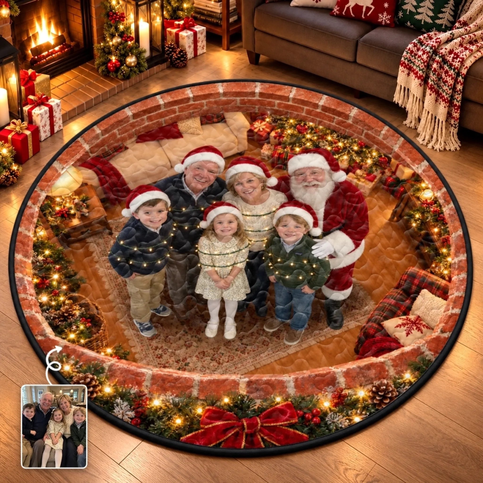 Custom Photo Santa Family Christmas Decor Personalized Quilted Round Mat Holiday Gift
