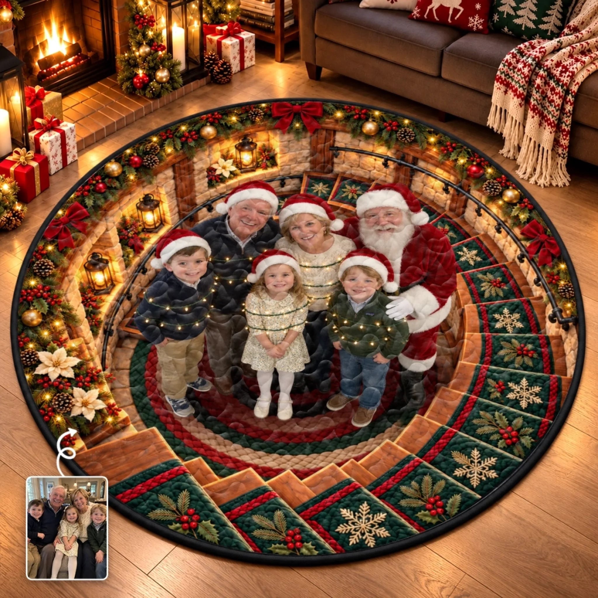 Custom Photo Santa Family Keepsake Quilted Round Mat, Personalized Holiday Gift Decor