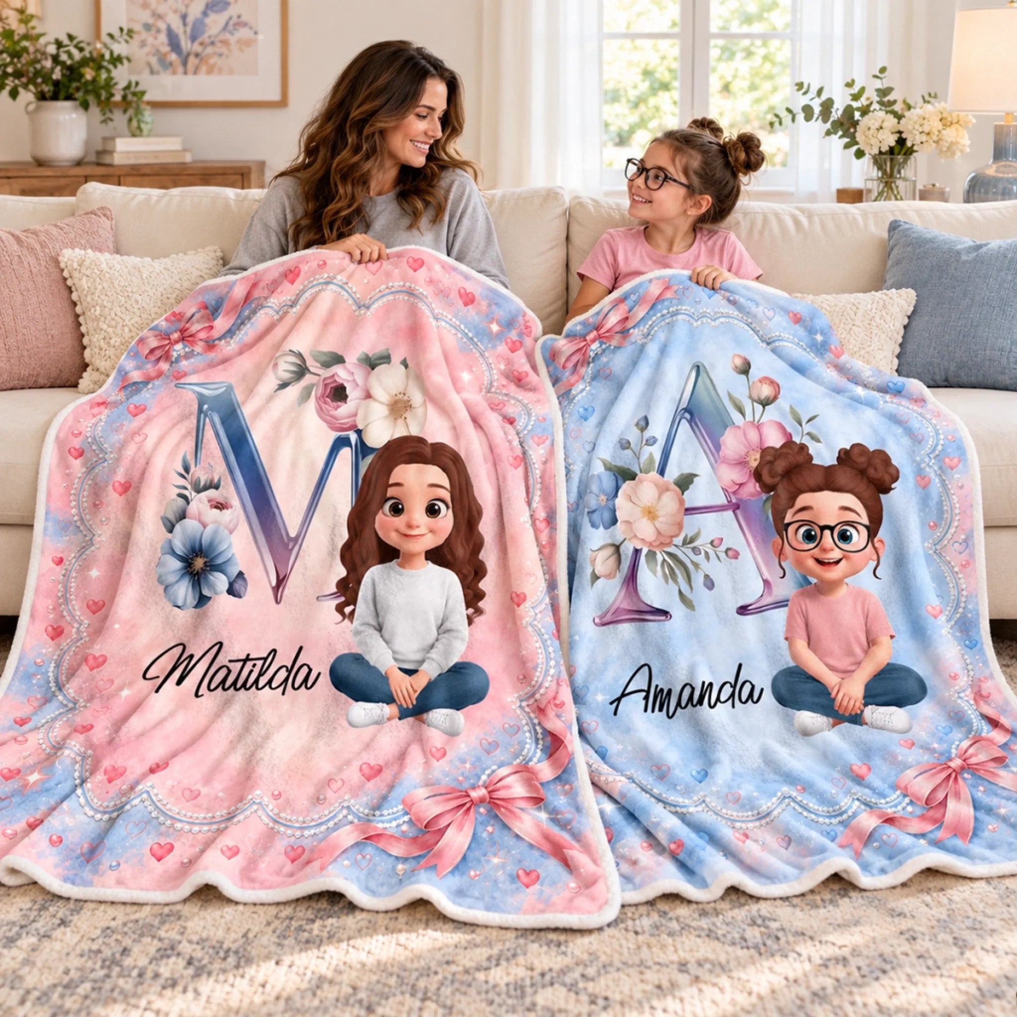 Personalized Floral Monogram Blanket with Custom Name, Cozy Gift for Girls