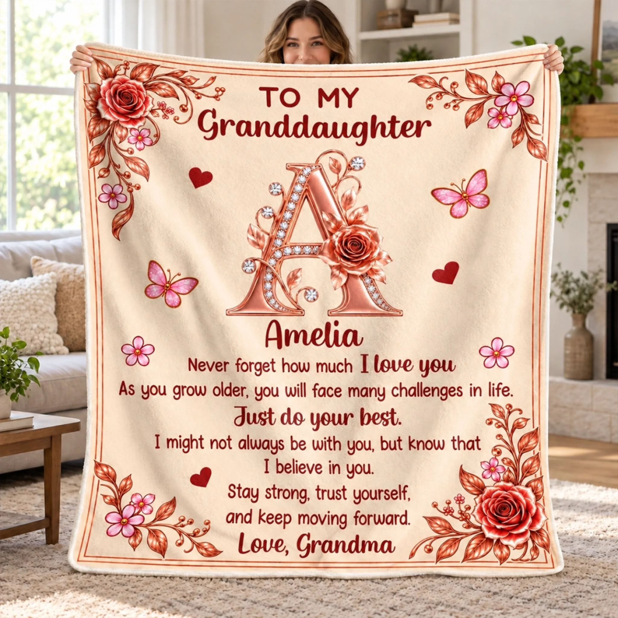Personalized Floral Initial Blanket with Custom Name, Love Gift for Daughter or Granddaughter