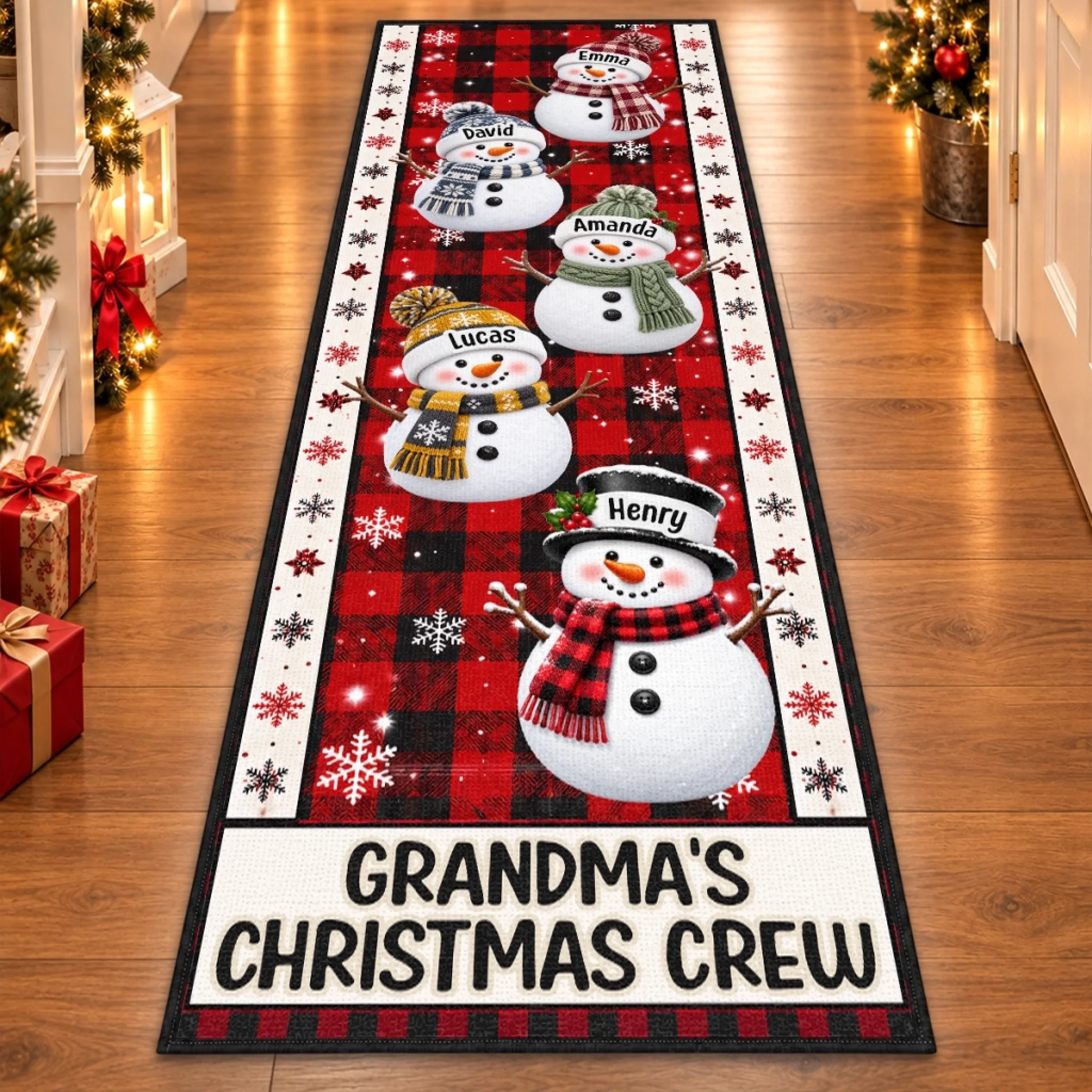 Personalized Christmas Snowman Crew Runner Rug with Custom Names, Gift for Grandma and Grandpa
