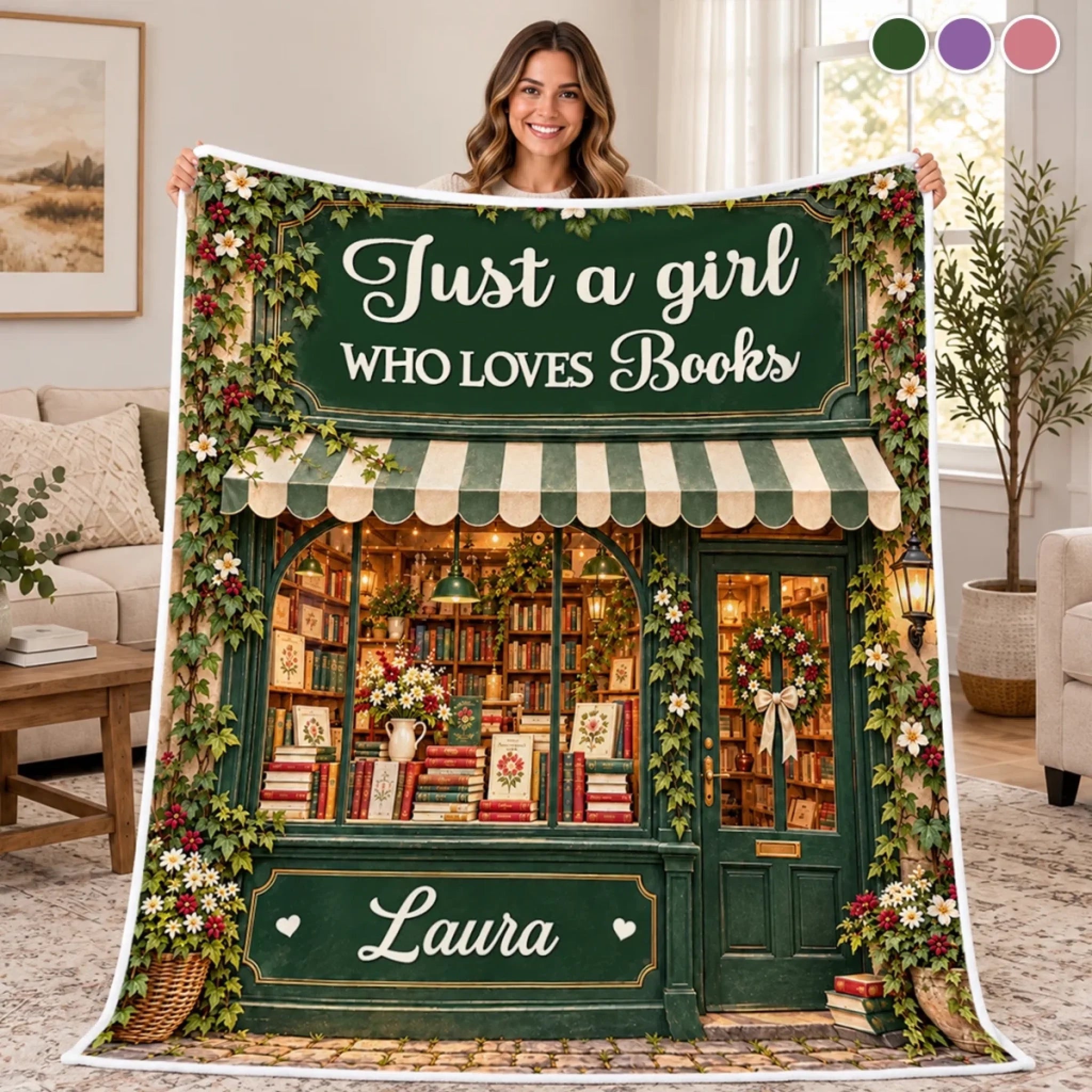Personalized Floral Bookshop Blanket with Custom Name, Cozy Gift for Book Lovers