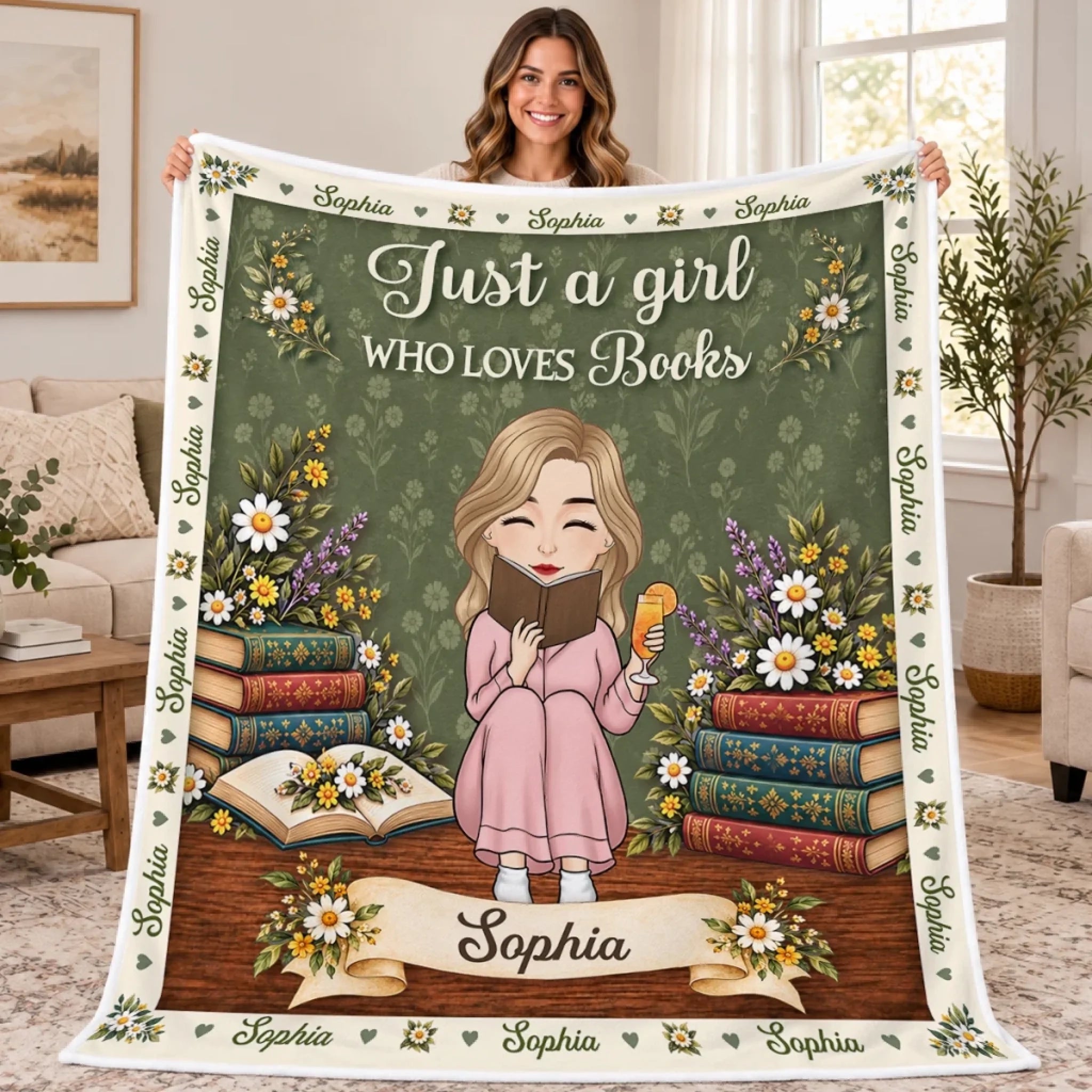Personalized Floral Storytime Blanket with Custom Name, Gift for Young Readers