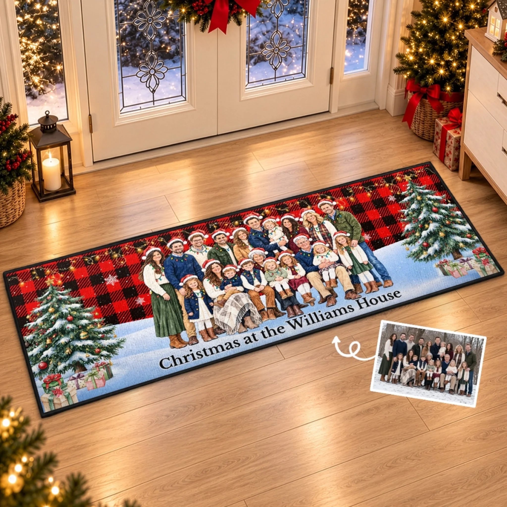 Custom Family Photo Plaid Christmas Runner Rug, Personalized Holiday Home Decor Gift