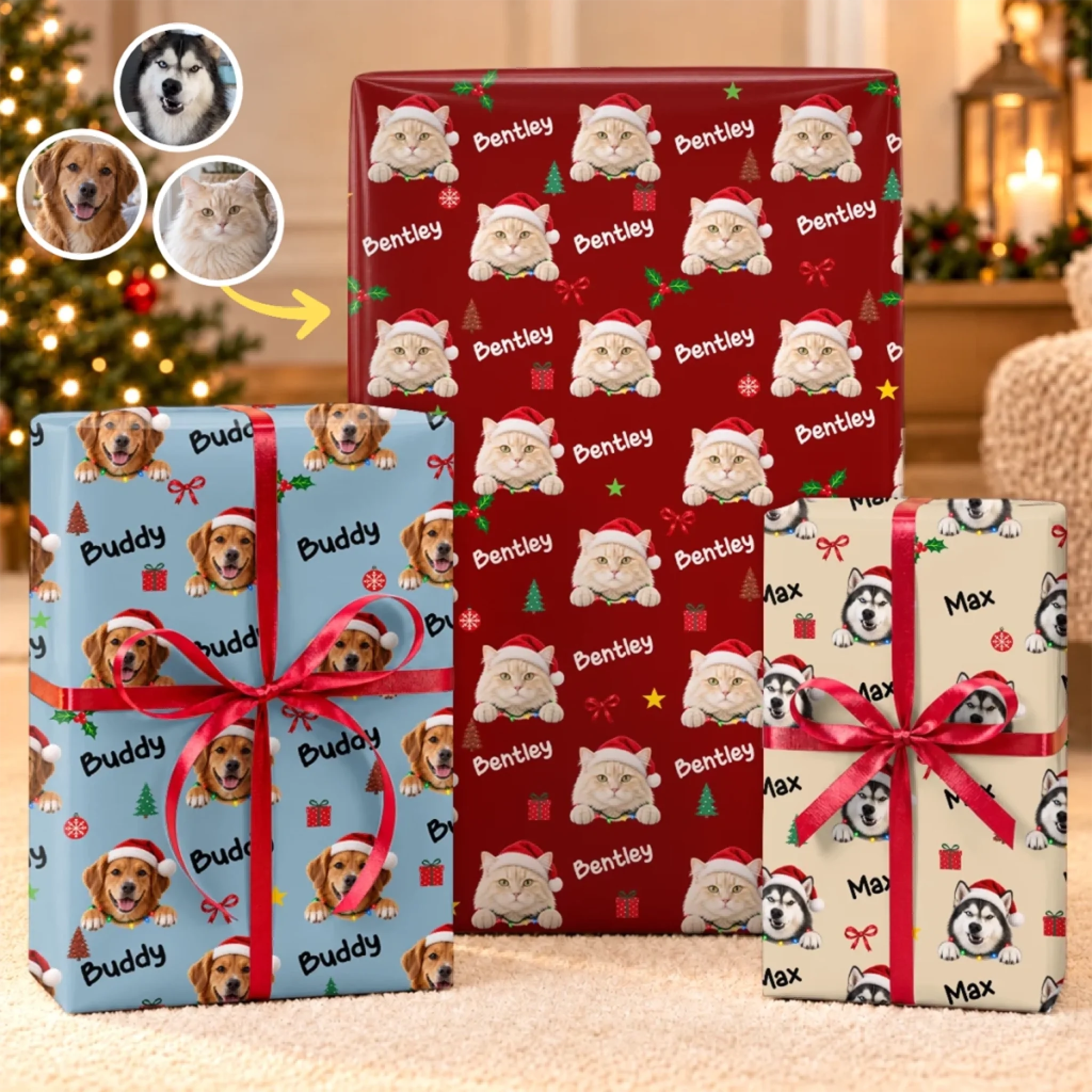 Personalized Pet Photo Christmas Wrapping Paper, Custom Gift Wrap for Pet Lovers