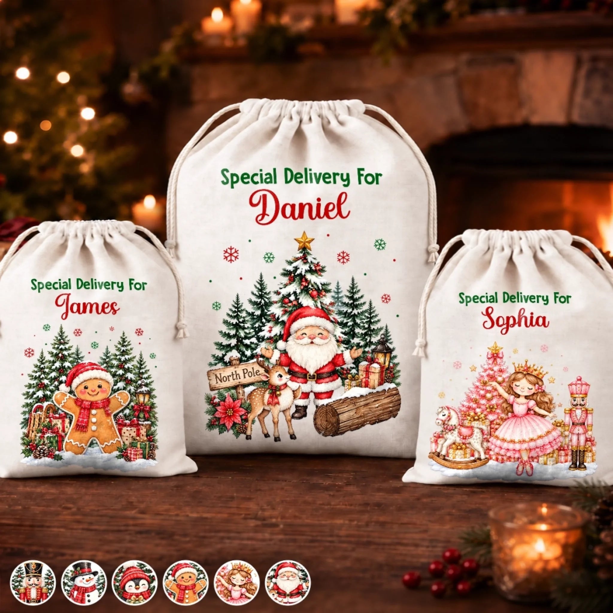 Personalized Christmas Character and Name Drawstring Gift Bag for Kids Holiday Presents