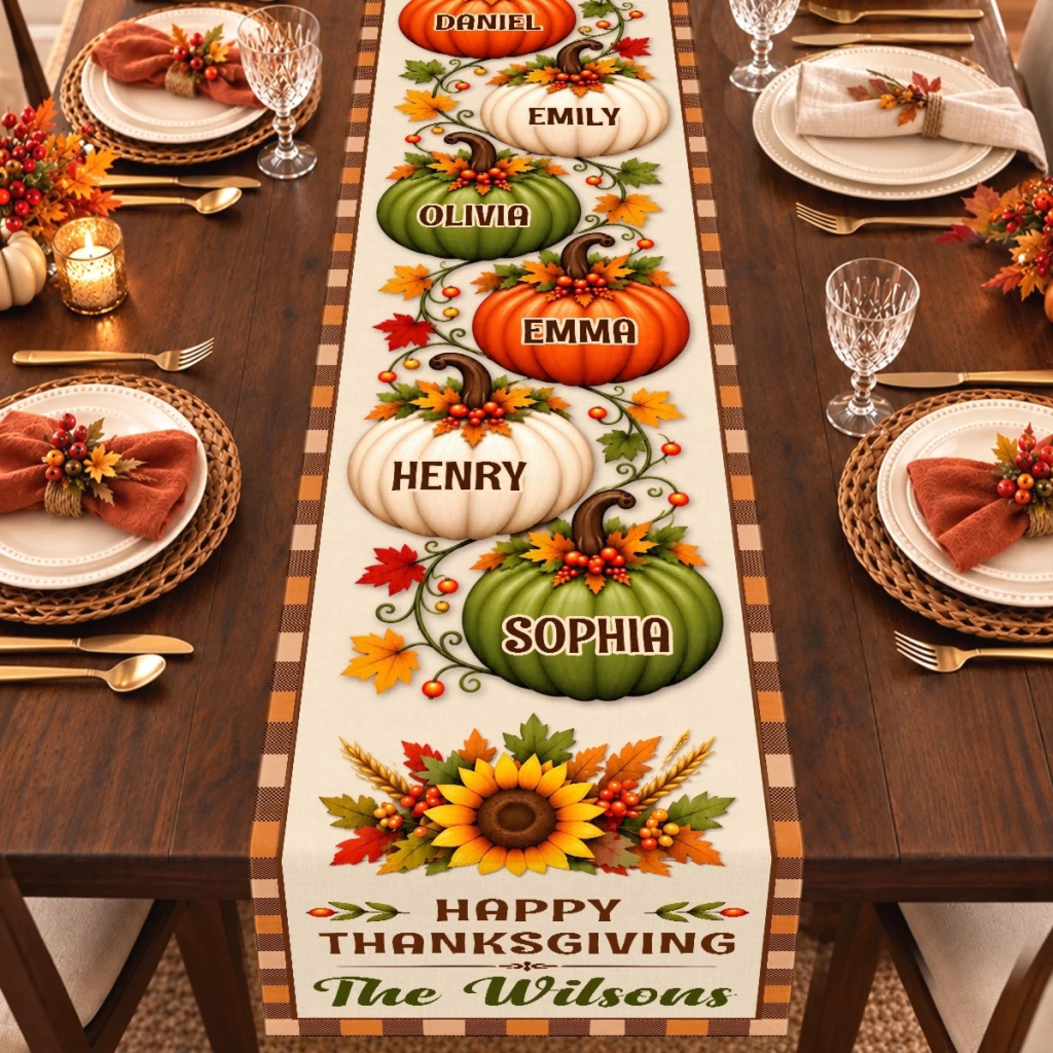 Custom Name Thanksgiving Table Runner, Personalized Family Gift for Fall Holiday Dining Decor
