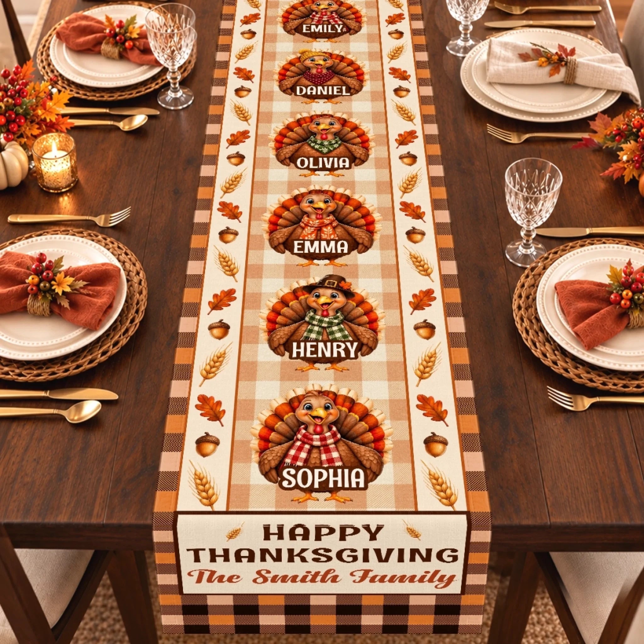 Personalized Thanksgiving Turkey Family Table Runner with Custom Name for Holiday Decor