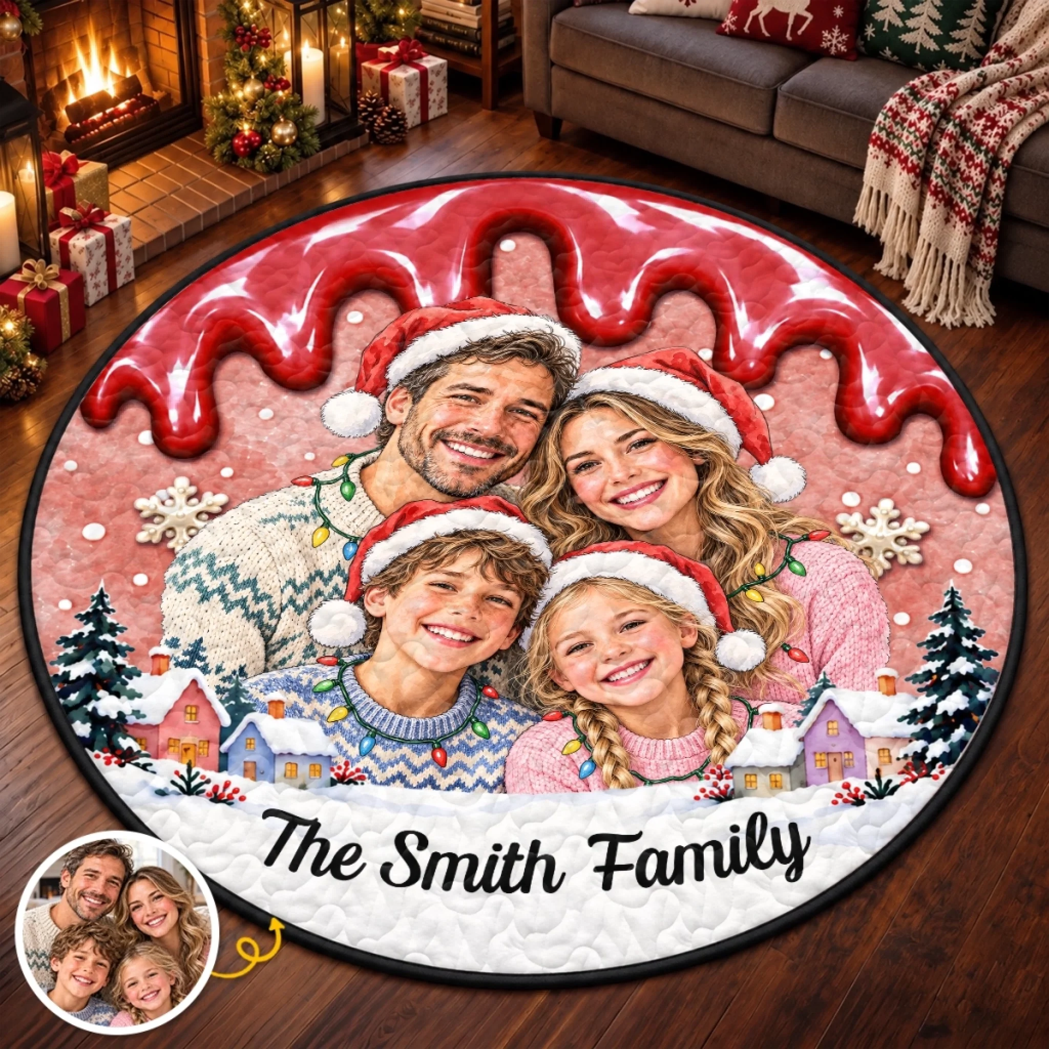 Personalized Quilted Round Mat with Custom Photo, Christmas Family Decor Gift