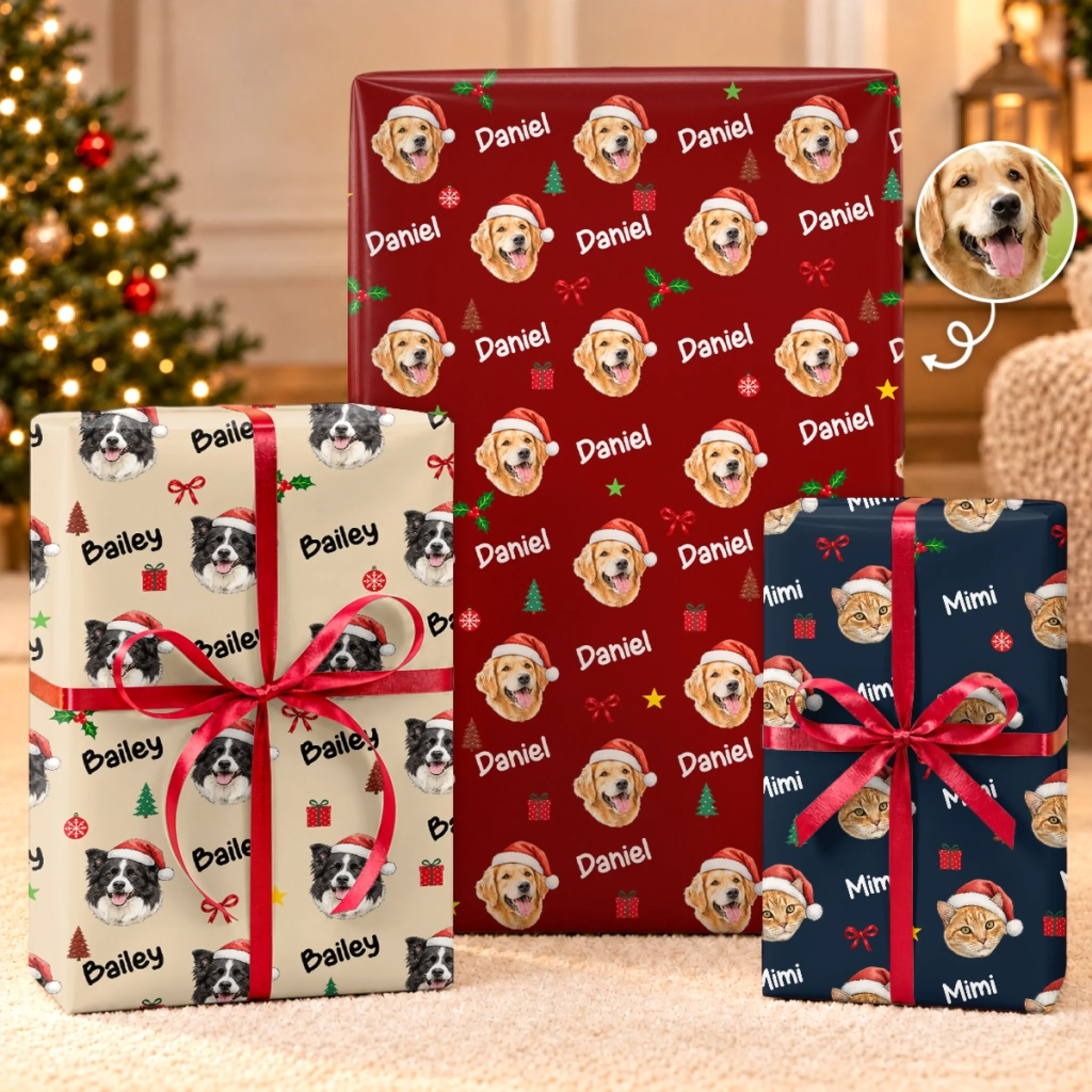 Custom Photo Dog and Cat Christmas Wrapping Paper, Personalized Gift Wrap for Pet Lovers