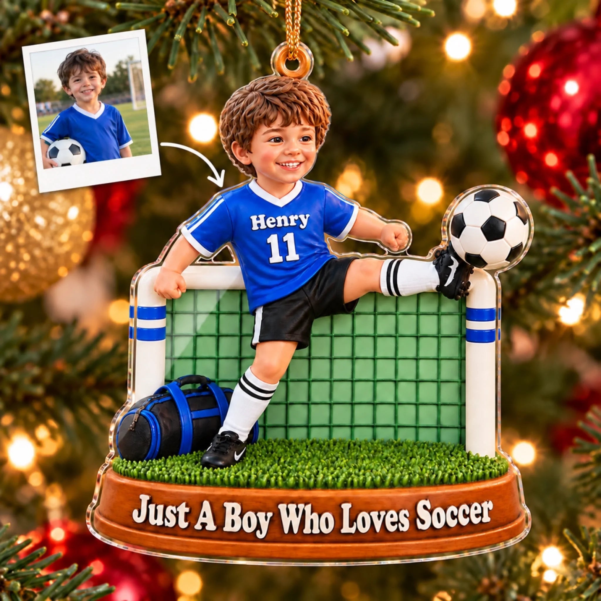 Custom Photo Soccer Christmas Ornament for Kids, Personalized Acrylic Holiday Gift