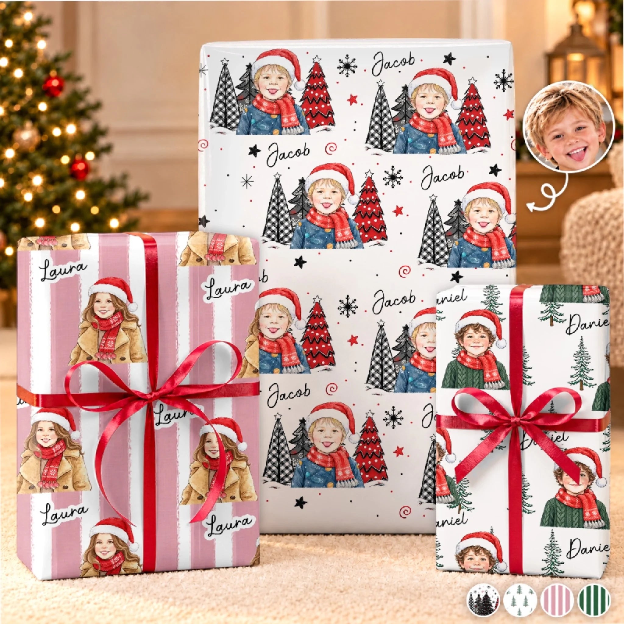 Custom Photo and Name Christmas Wrapping Paper Personalized Family Holiday Gift Wrap