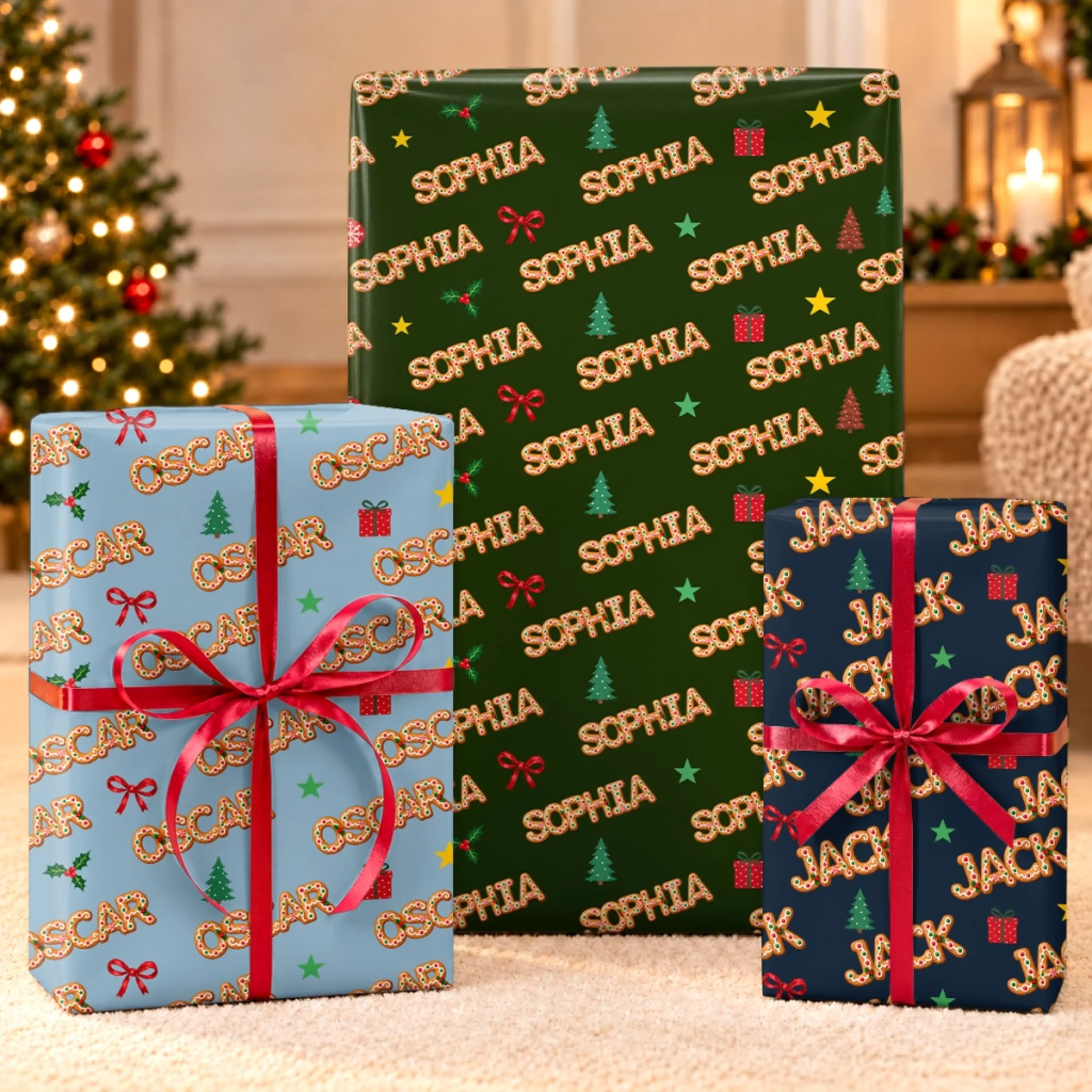 Custom Christmas Name Pattern Wrapping Paper for Family Presents, Personalized Holiday Gift Wrap