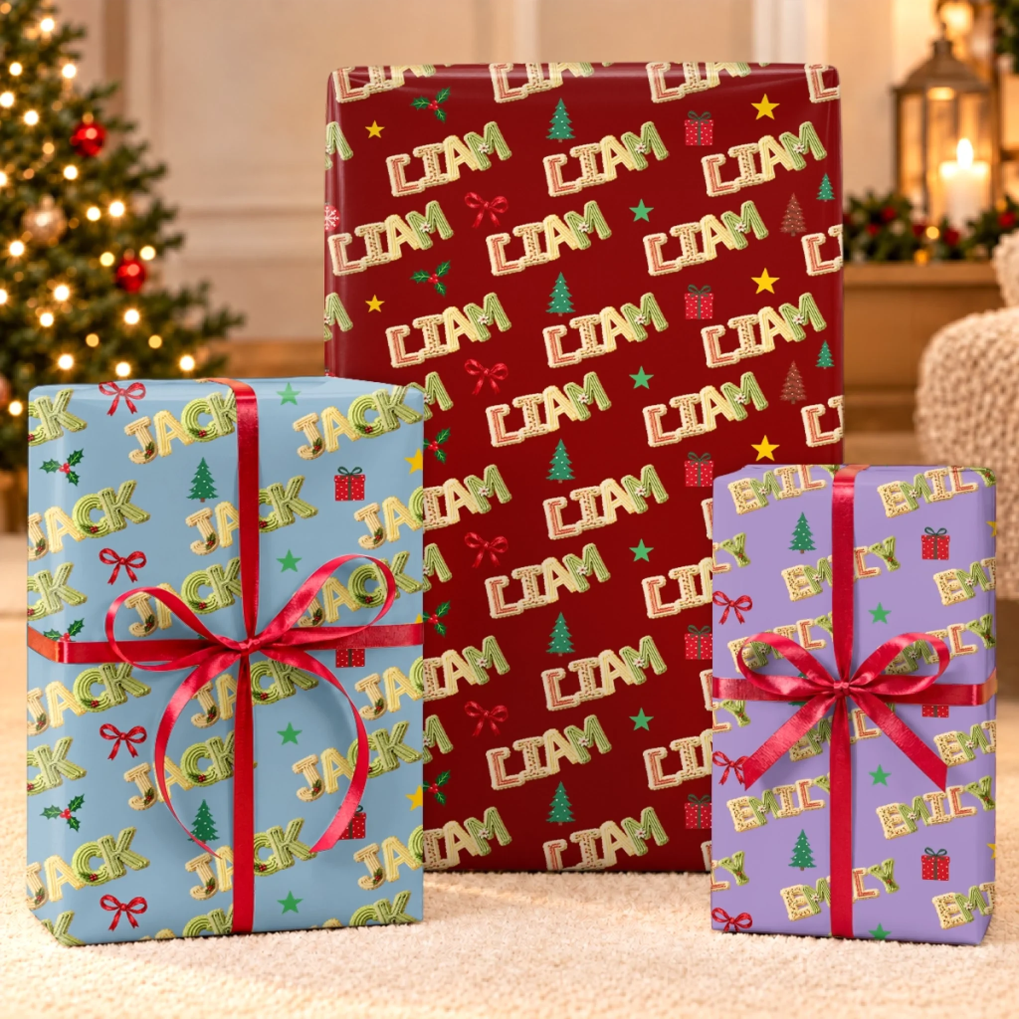 Personalized Christmas Wrapping Paper with Custom Names, Present Pattern Family Gift Wrap