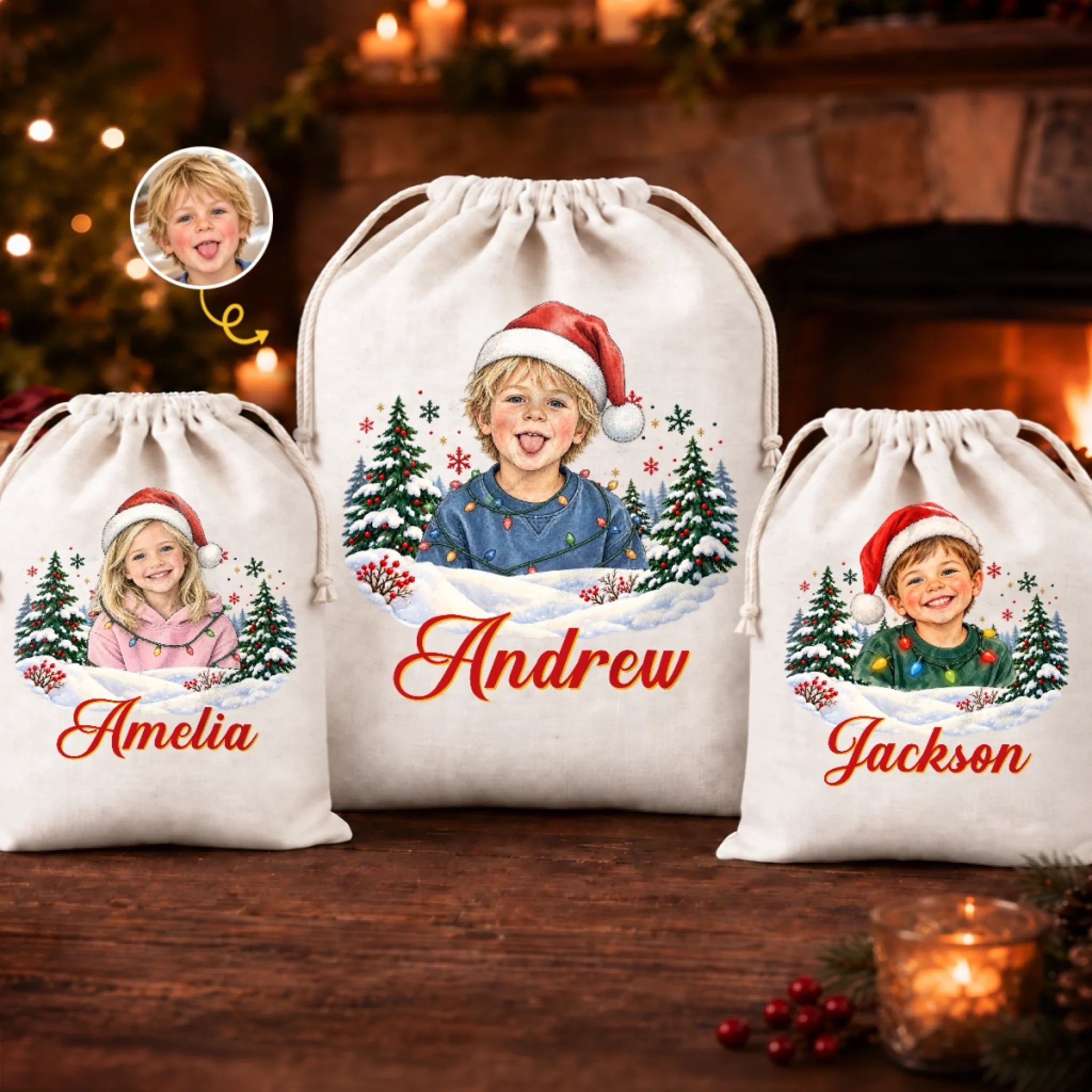 Personalized Christmas Drawstring Gift Bag for Kids with Custom Photo and Name