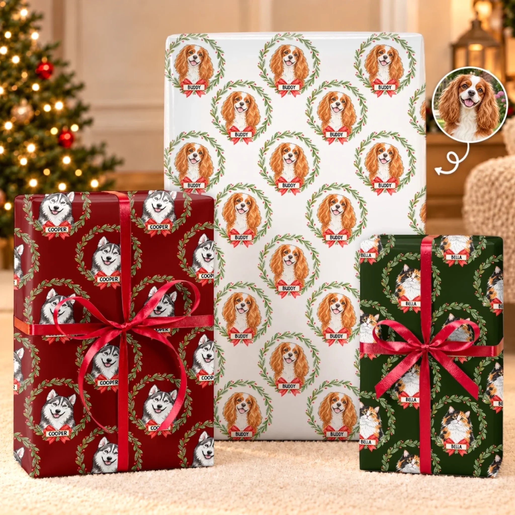 Personalized Pet Photo Christmas Wrapping Paper Custom Gift Wrap for Dog and Cat Lovers