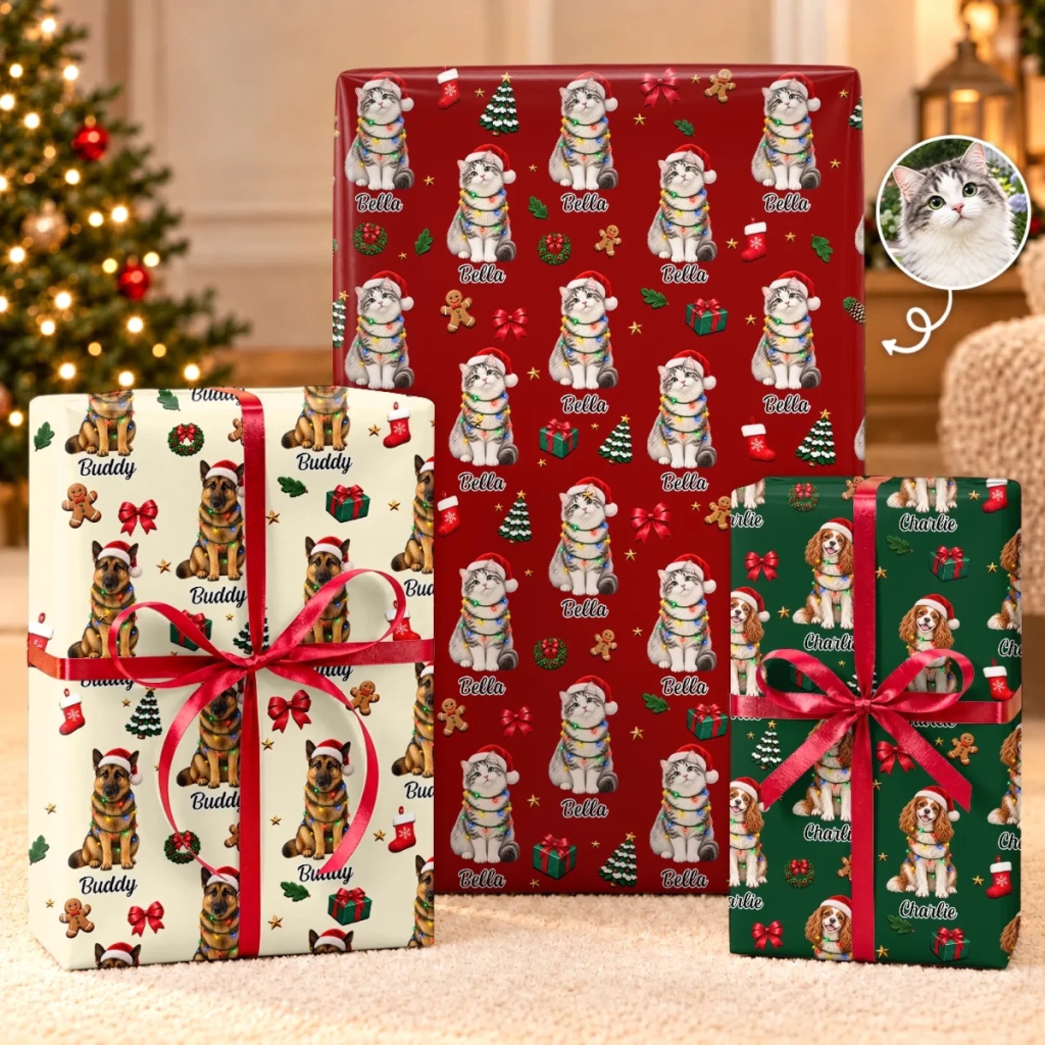 Personalized Pet Photo Christmas Wrapping Paper Custom Gift Wrap for Dog and Cat Lovers