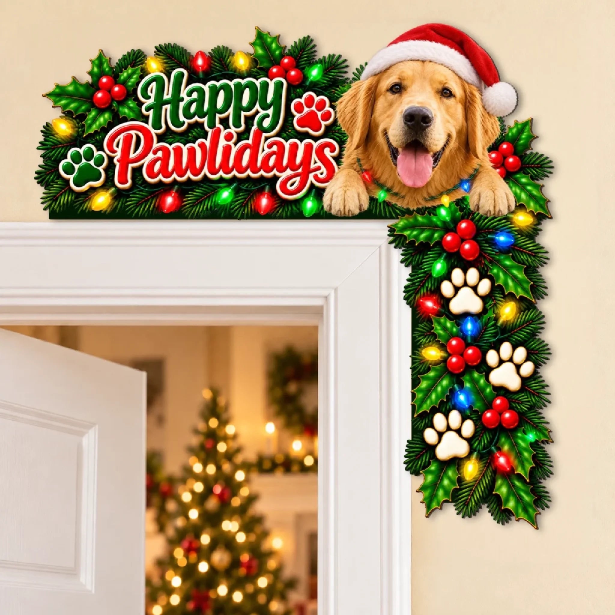 Custom Christmas Dog Wooden Door Topper, Personalized Pet Lover Holiday Decor Gift