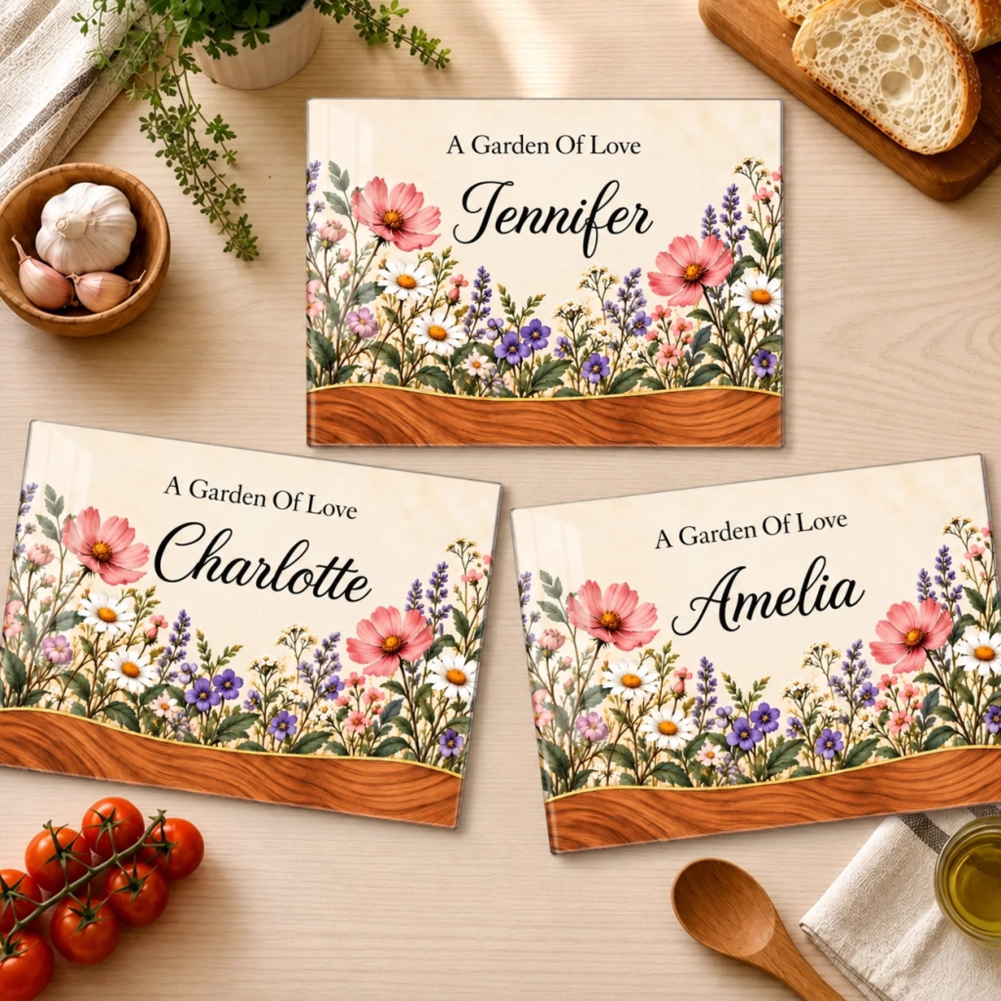 Personalized Garden of Love Glass Cutting Board with Custom Name, Gift for Women