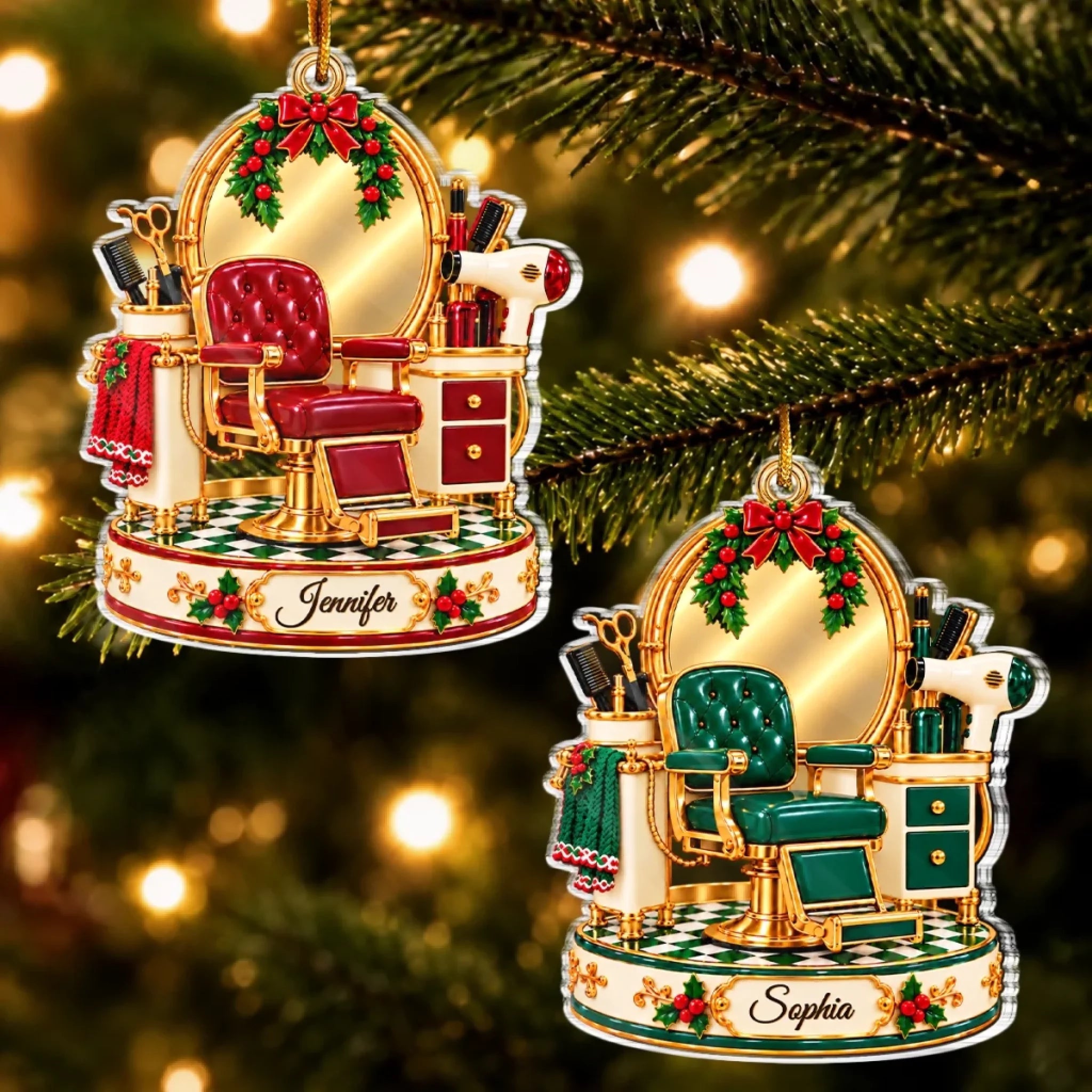 Personalized Acrylic Salon Chair Christmas Ornament with Custom Name, Gift for Women Hairstylists