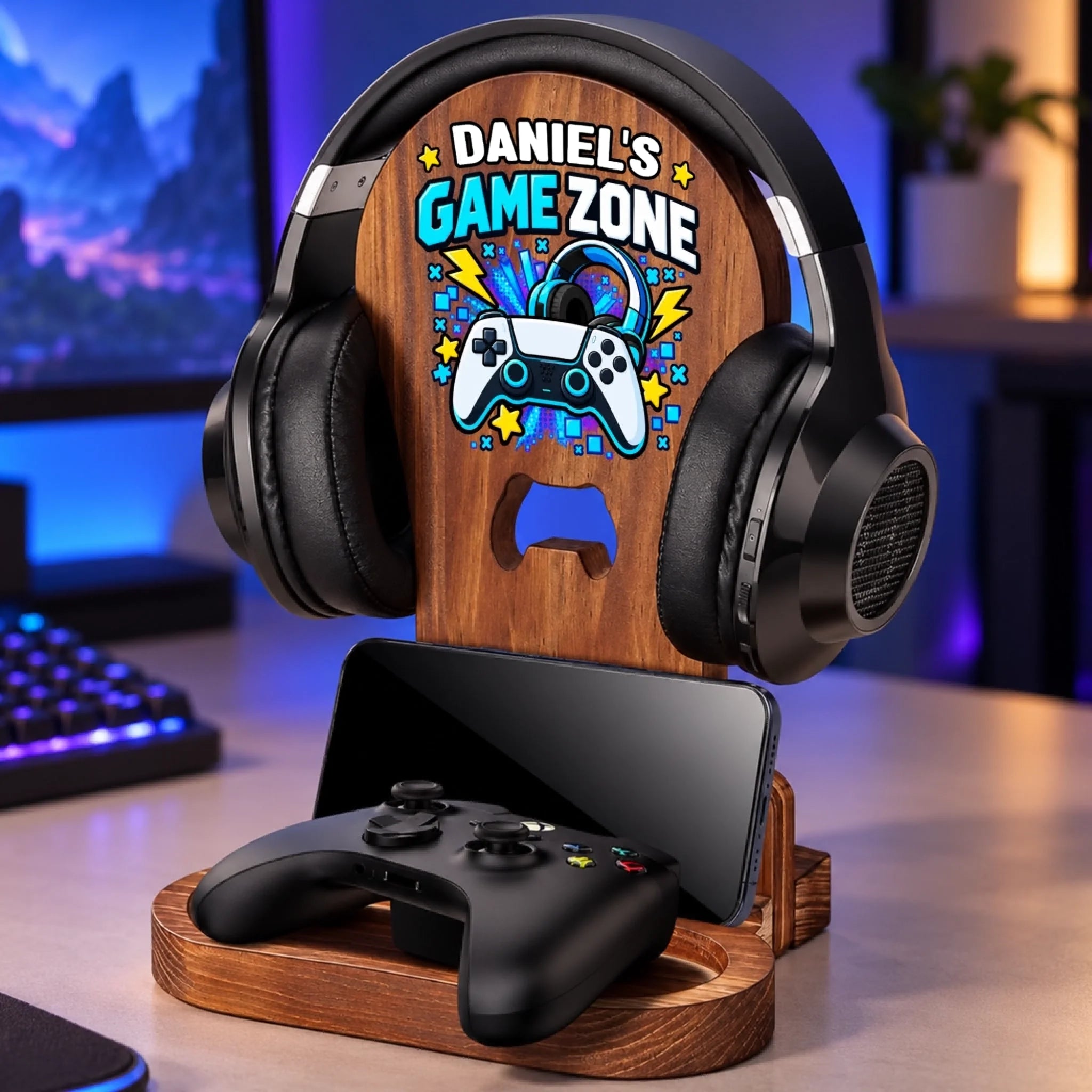 Custom Name Personalized Wooden Headset Stand for Men, Gamer Desk Accessory Gift