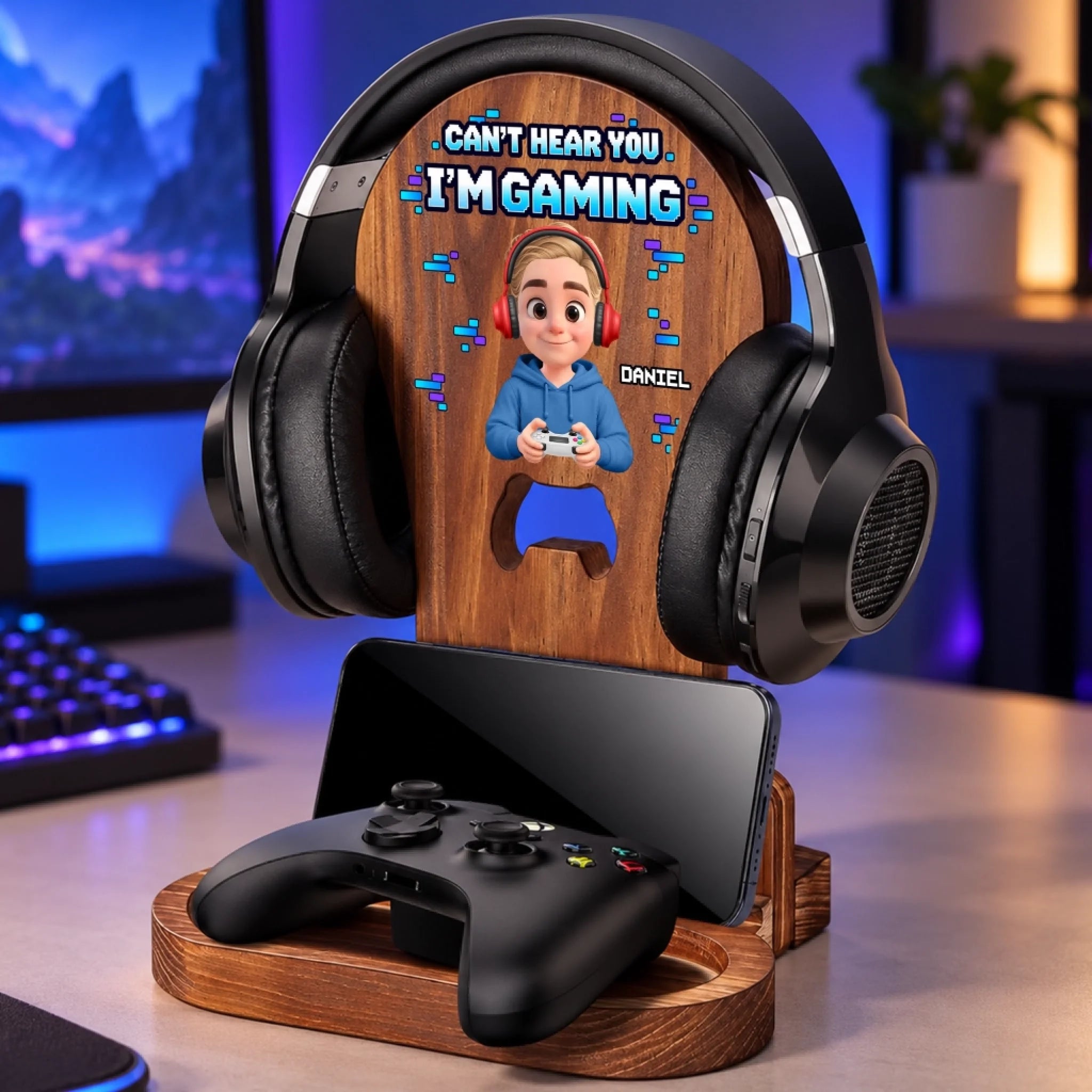Personalized Wooden Headset Stand with Custom Name, Gaming Gift for Boys