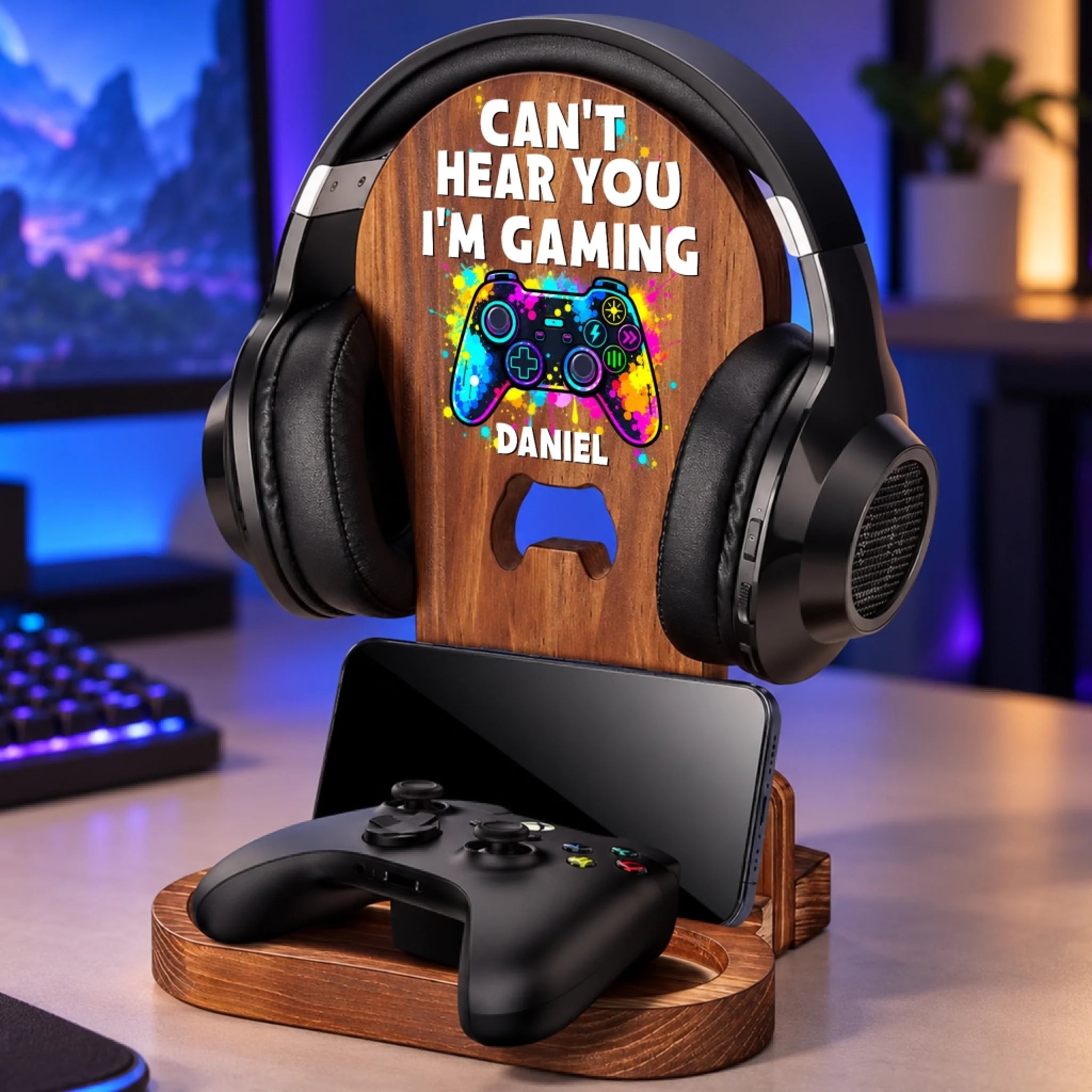 Custom Name Wooden Headset Stand for Gamers - Personalized Gaming Gift for Desk Setup