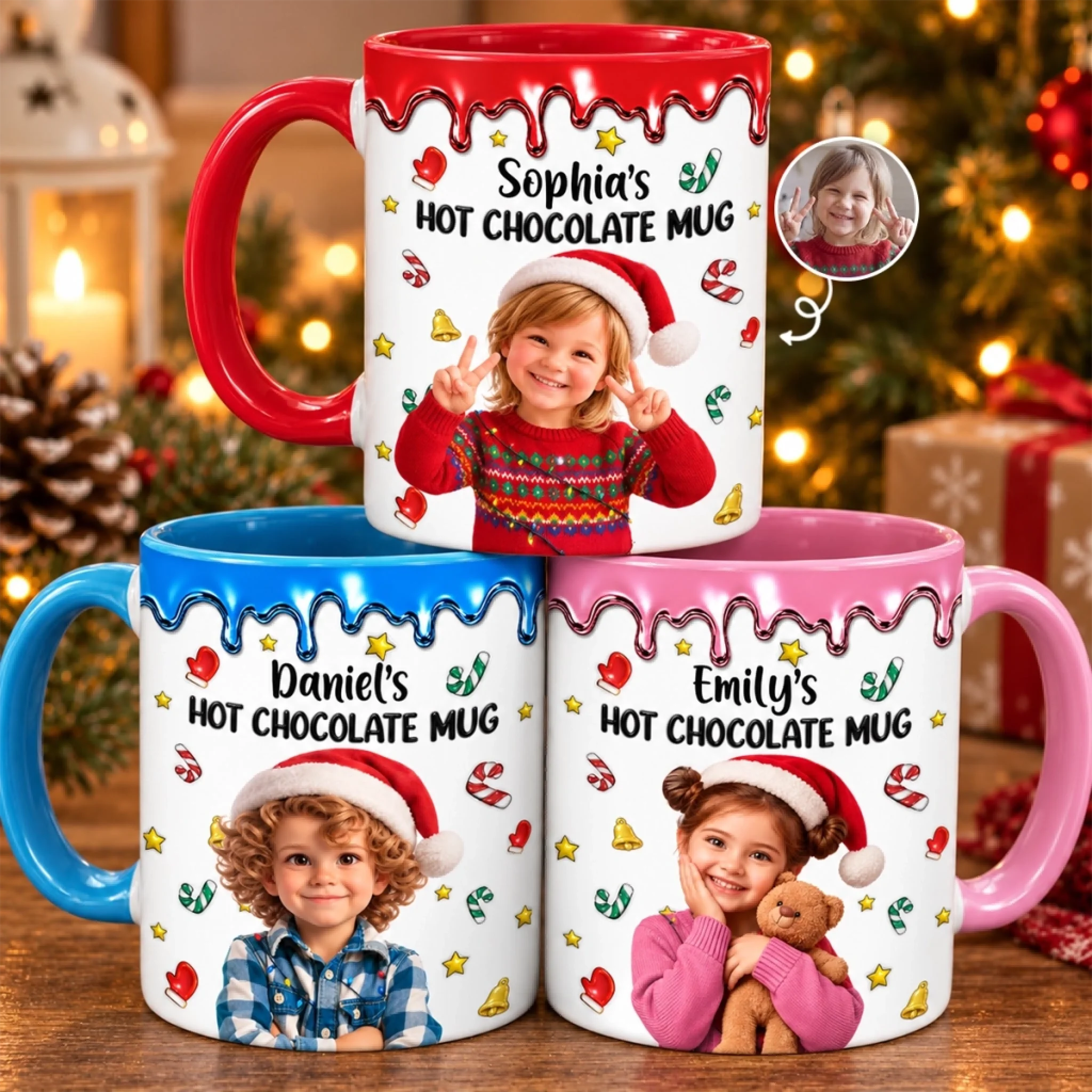 Custom Photo Christmas Gift for Kids Personalized Accent Mug with Colorful Handle