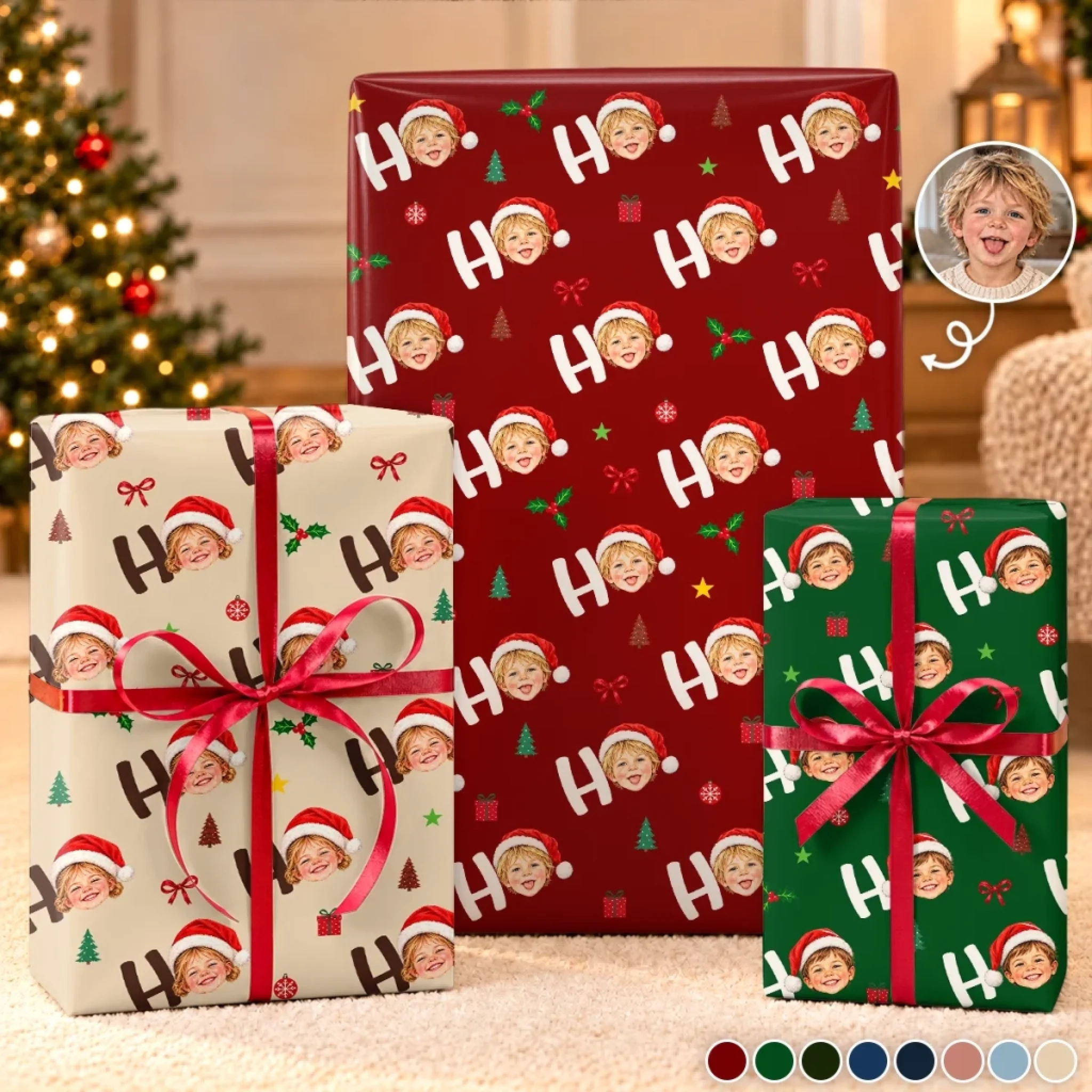 Custom Photo Santa Hat Christmas Gift Wrap Personalized Wrapping Paper for Holiday Gifts