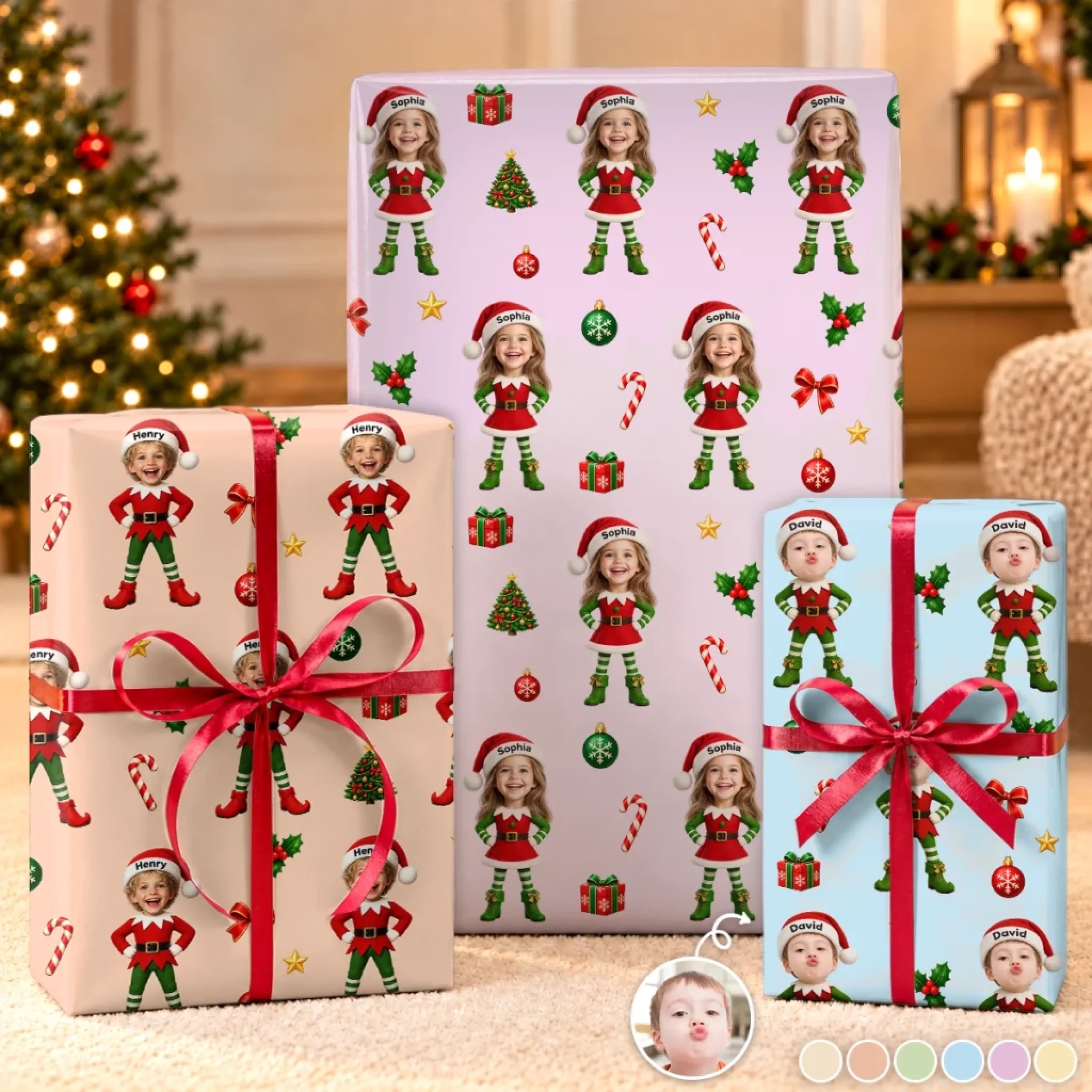 Personalized Christmas Elf Photo Wrapping Paper, Custom Gift Wrap for Kids Holiday Presents