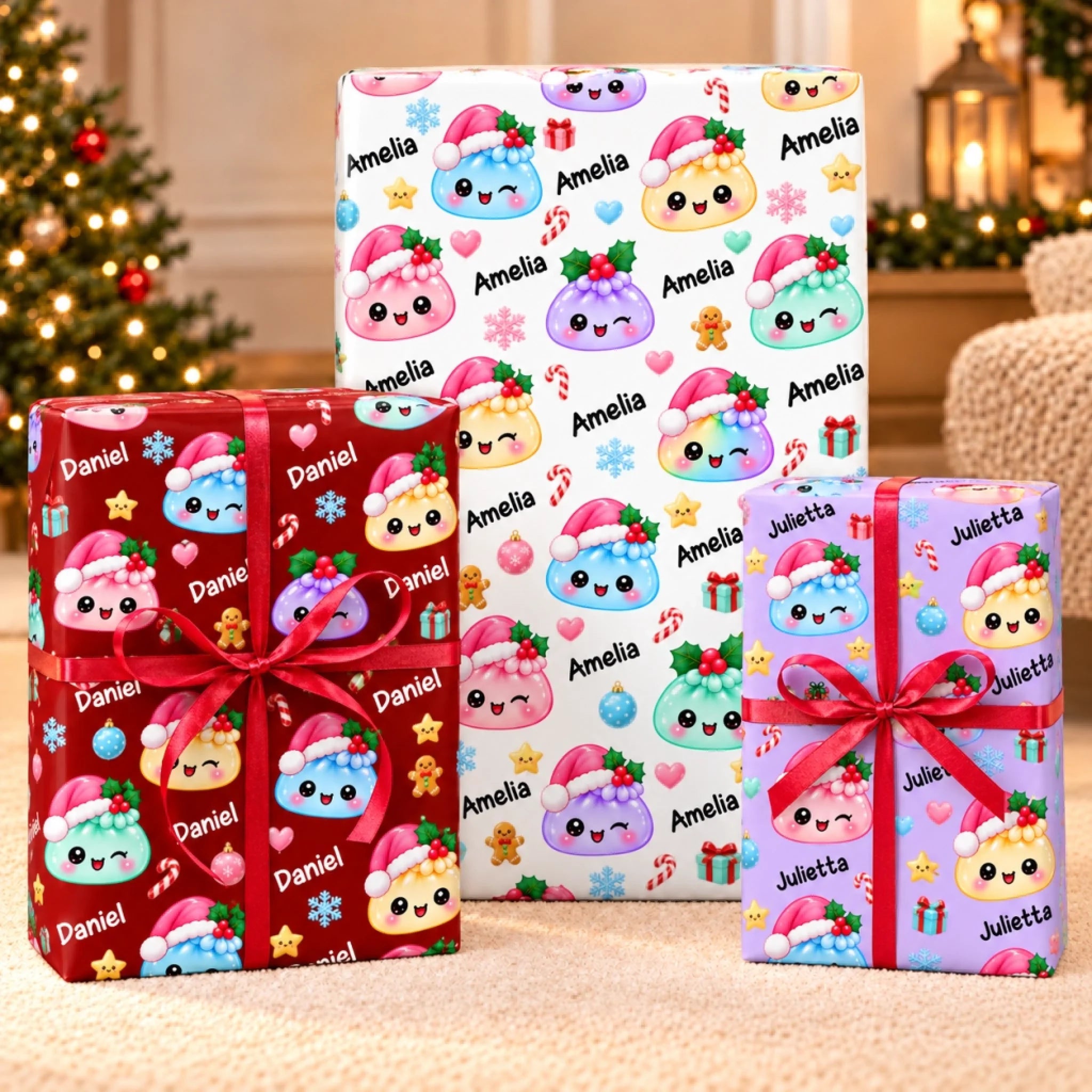 Personalized Christmas Squishy Pattern Wrapping Paper with Custom Name for Kids and Family Gifts