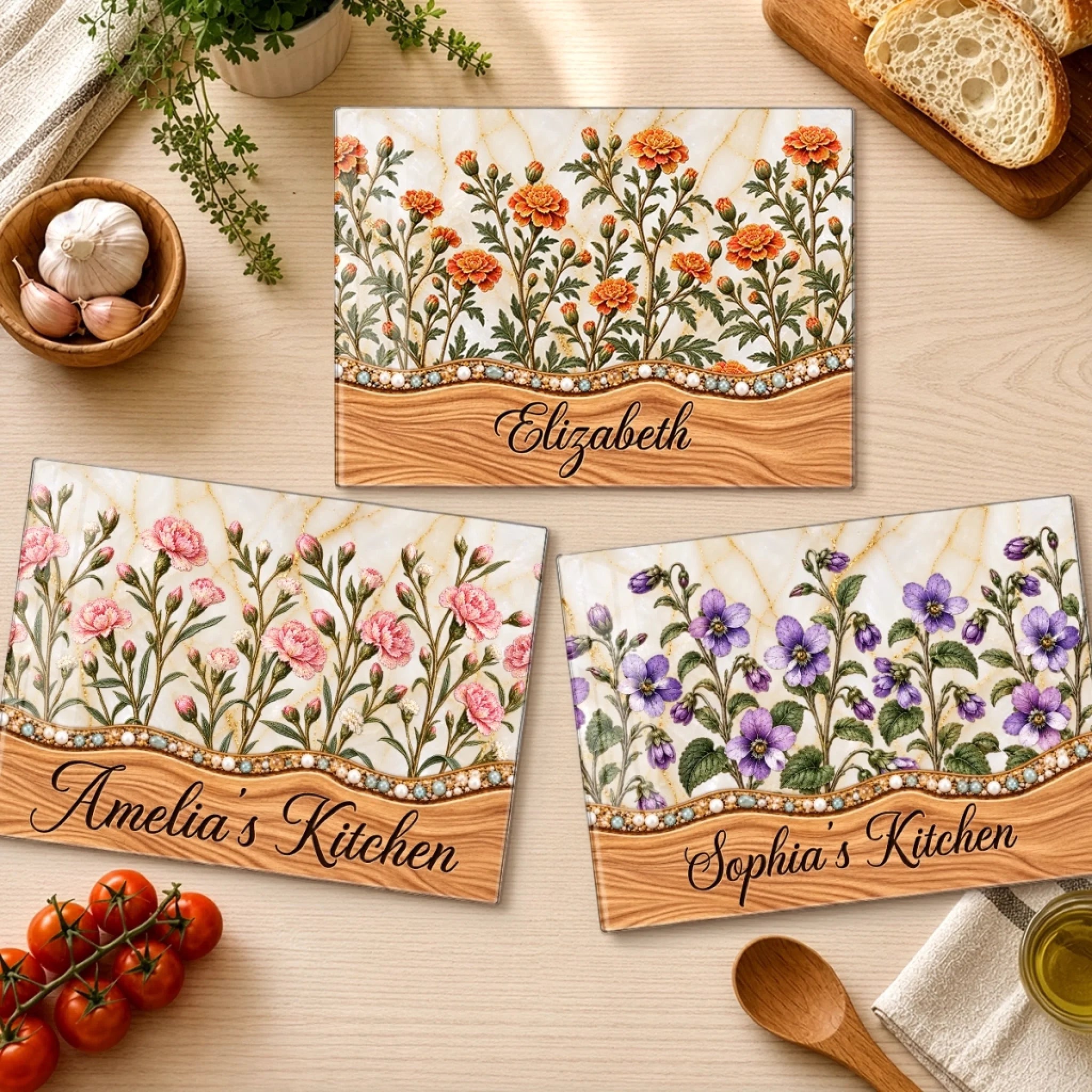 Personalized Glass Cutting Board with Custom Name Flower Garden Design, Kitchen Decor Gift for Her