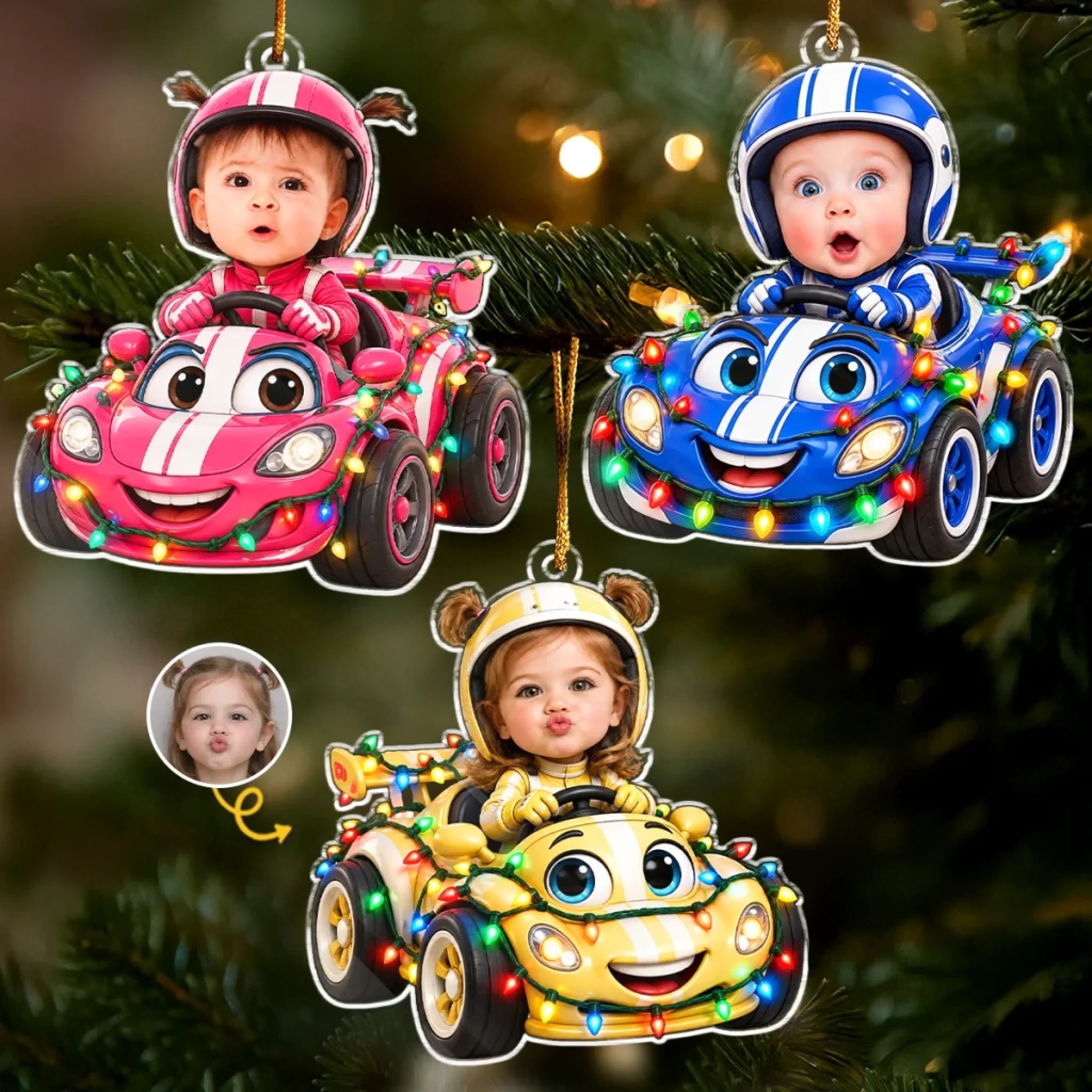 Custom Photo Christmas Astronaut Race Car Personalized Acrylic Ornament Gift for Kids