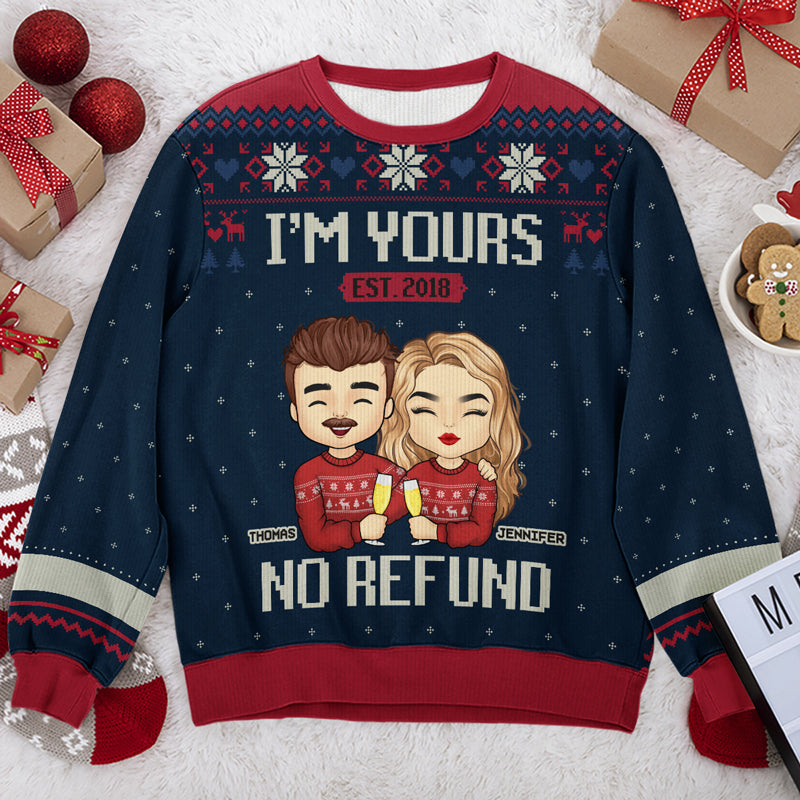 I'm Yours No Refund Personalized Couple Ugly Sweatshirt, Navy Style Unisex Christmas Anniversary Gift