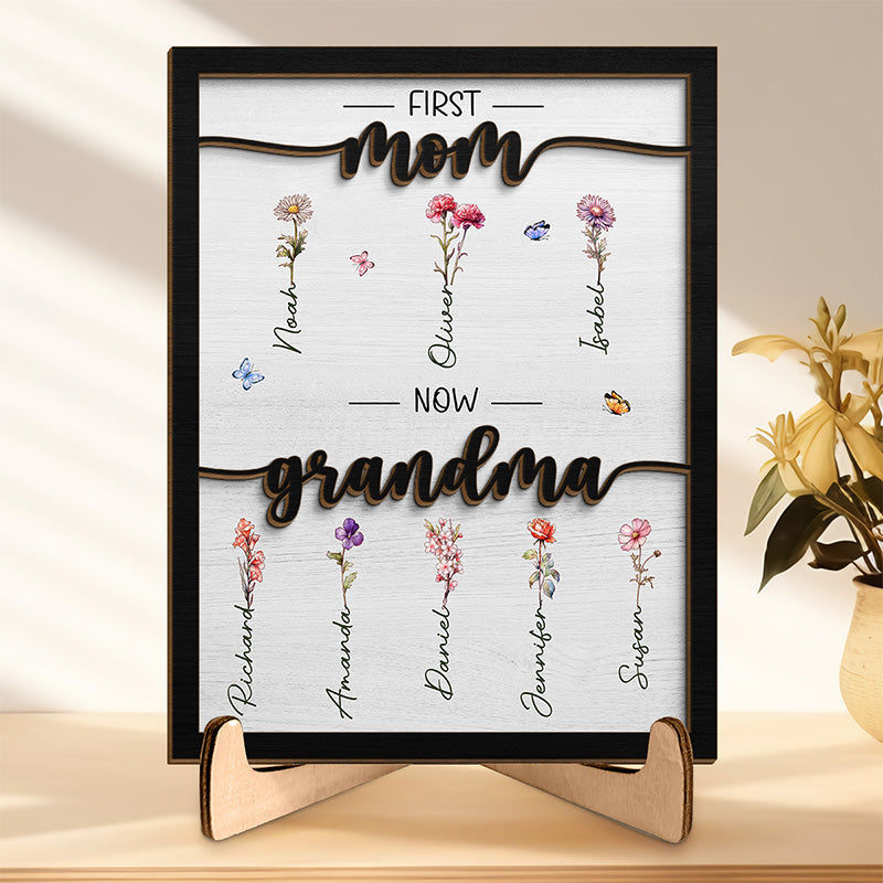 Personalized Grandma Wooden Plaque First Mom Now Grandma Custom Family Sign with Stand