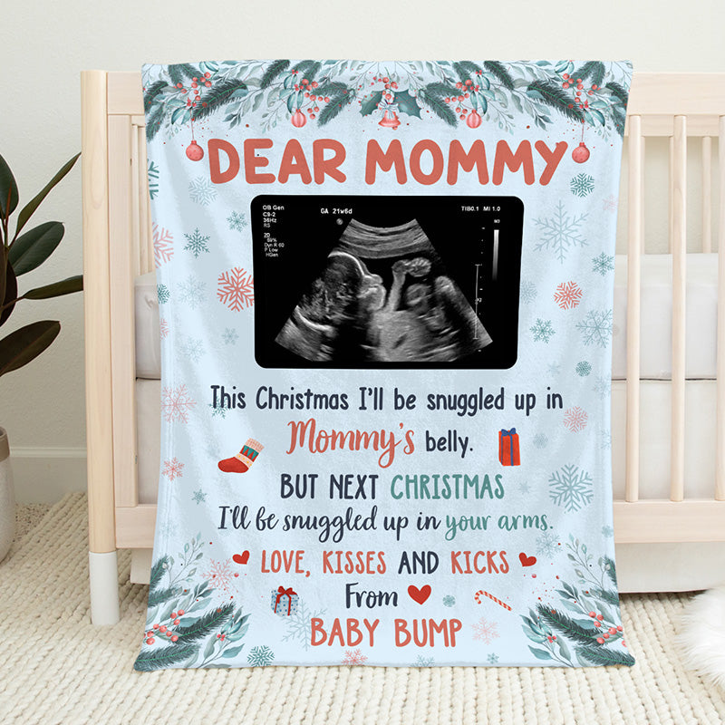 Custom Photo Kisses and Kicks Baby Bump Personalized Baby Blanket, Baby Shower or First Christmas Gift