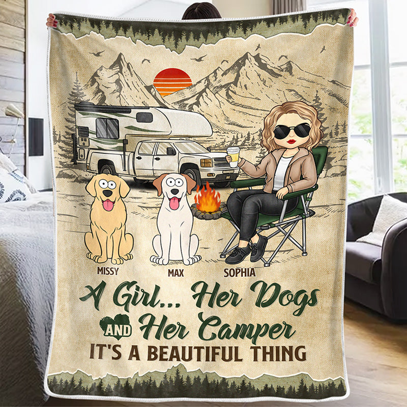 Personalized Campfire and Coffee Camping Blanket, Custom Gift for Camping Lovers and Pet Owners