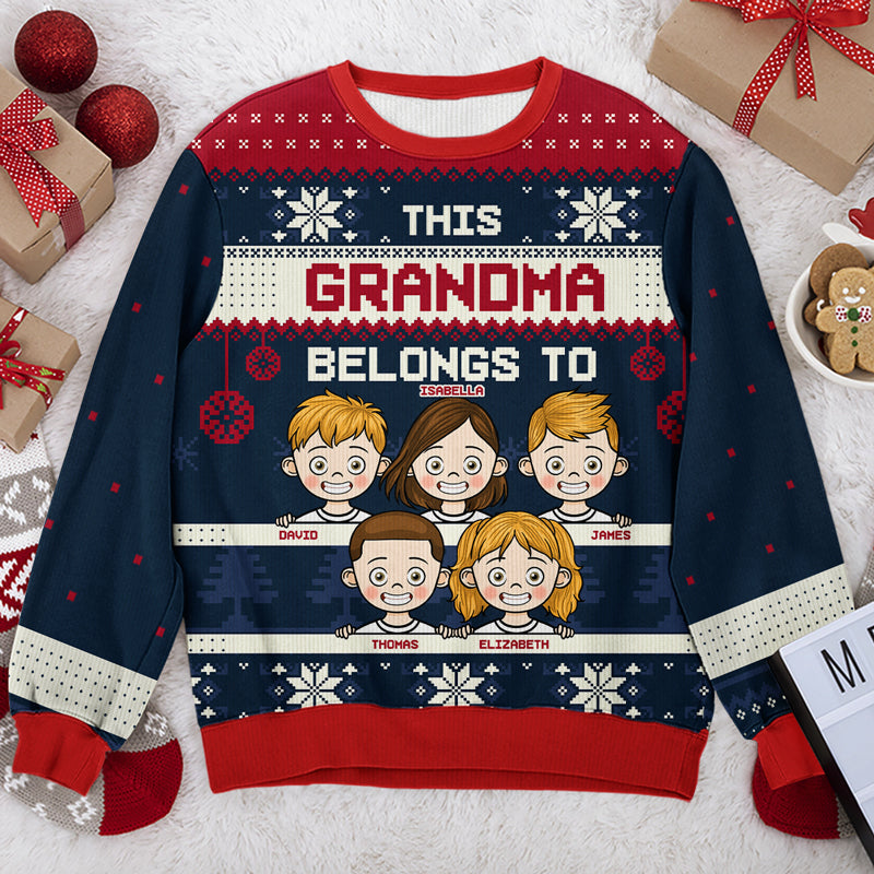 Personalized This Grandma Belongs To Unisex Ugly Christmas Sweatshirt, All Over Print Gift for Grandma