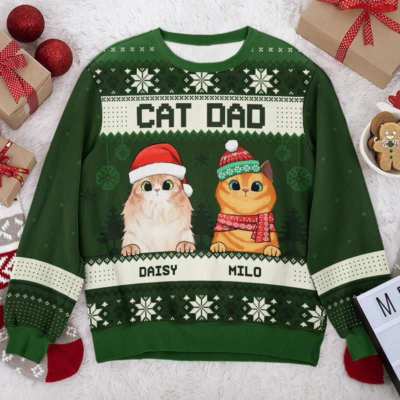 Personalized Cat Dad Cat Mom Ugly Christmas Sweatshirt, Custom Unisex All Over Print Gift for Cat Lovers