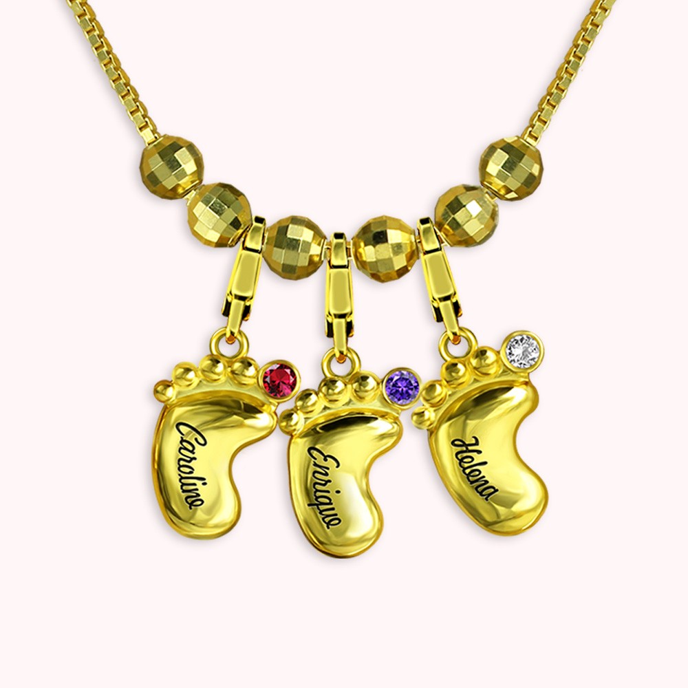 3D Mothers Feet Necklace with Children Names and Birthstones Charm