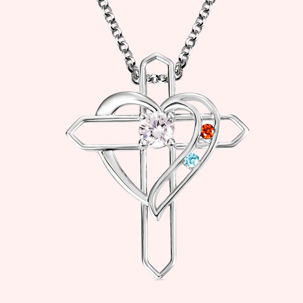 Personalized Family & Mother's Heart and Cross Birthstone Necklace